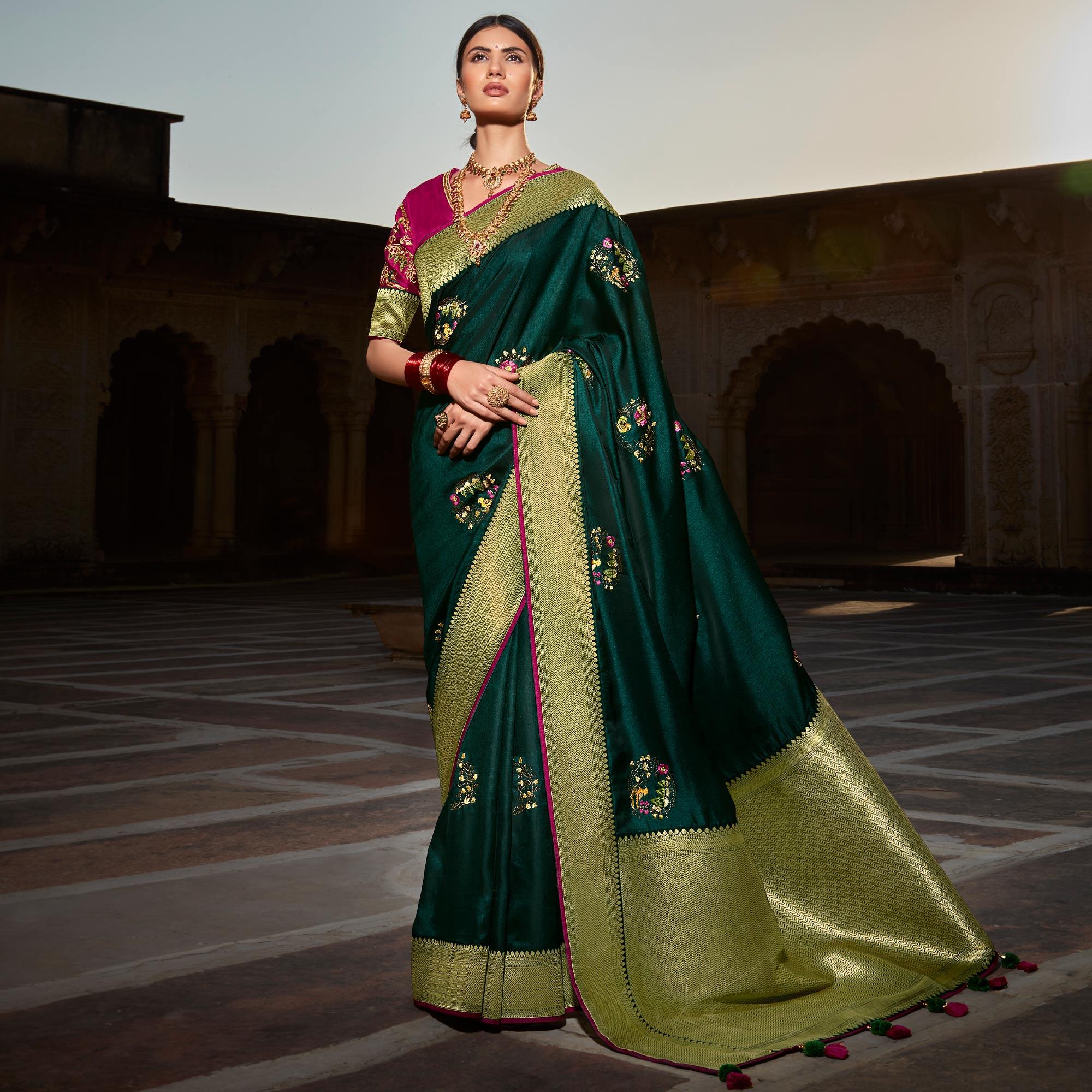 Peachmode Dark Green Festive Wear Floral Woven With Emrboidered Silk Saree