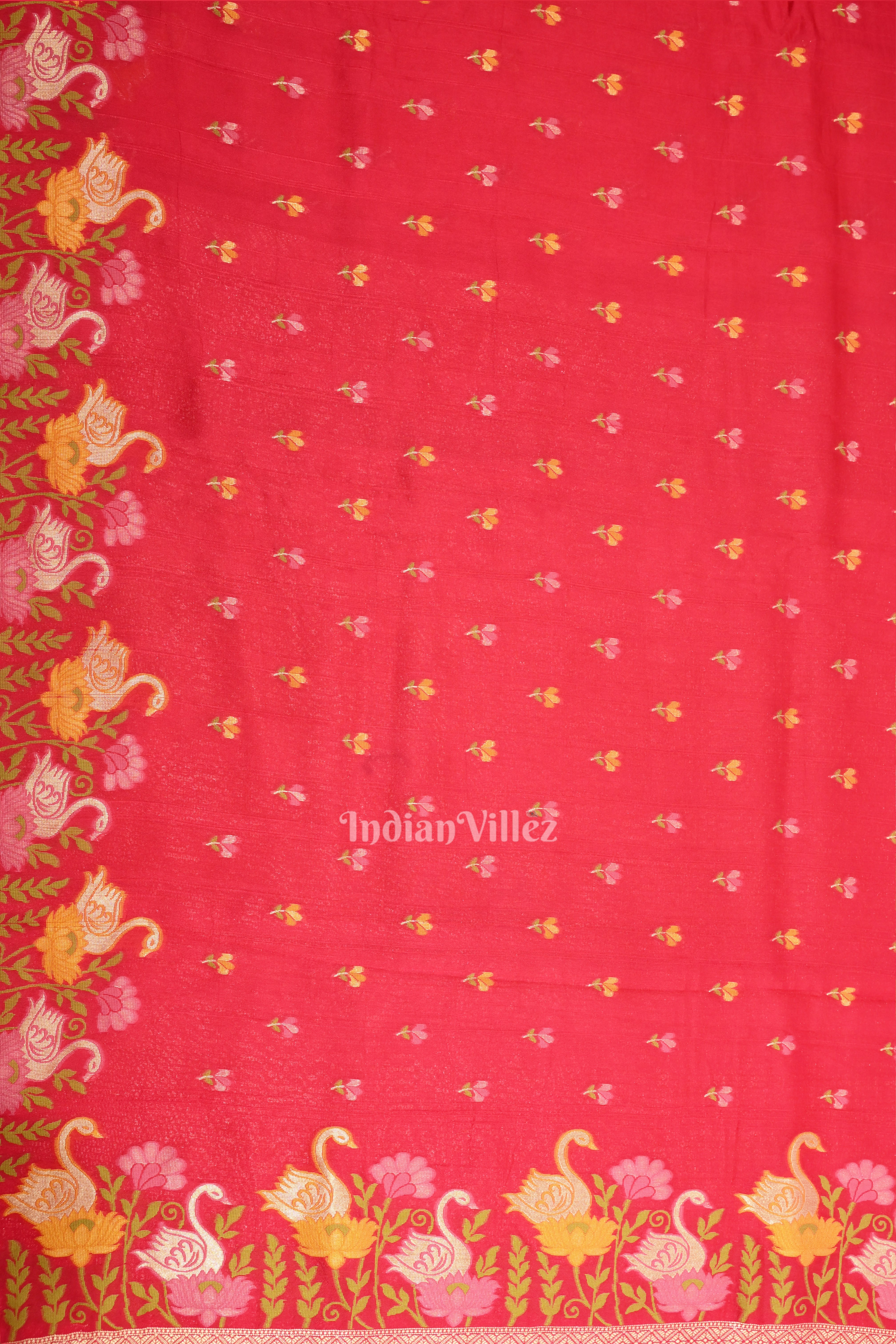 IndianVillèz Red Tussar Banarasi Silk Saree with Tassels - view 3