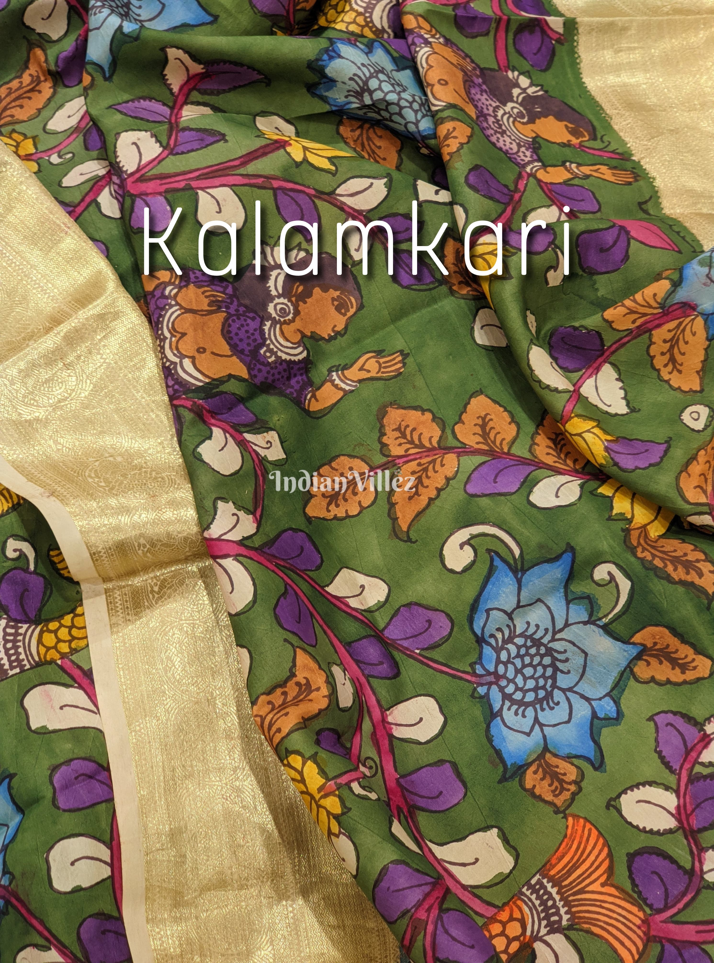 IndianVillèz Multicolour Hand Painted Kanjivaram Silk Kalamkari Saree