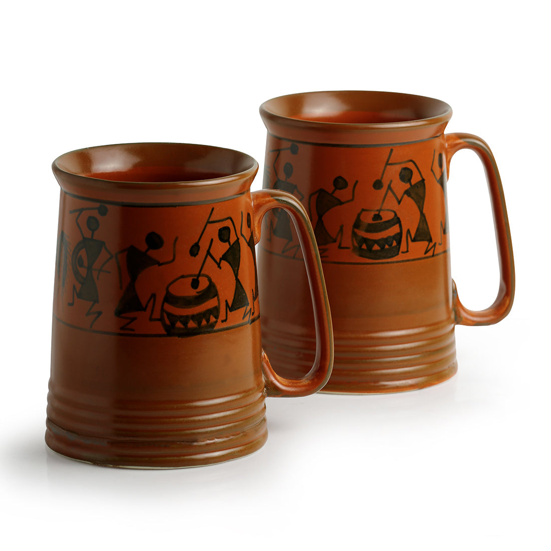 EXCLUSIVELANE 'Two To Tango' Warli Handpainted Beer & Milk Mugs In Ceramic (Set Of 2) - view 4