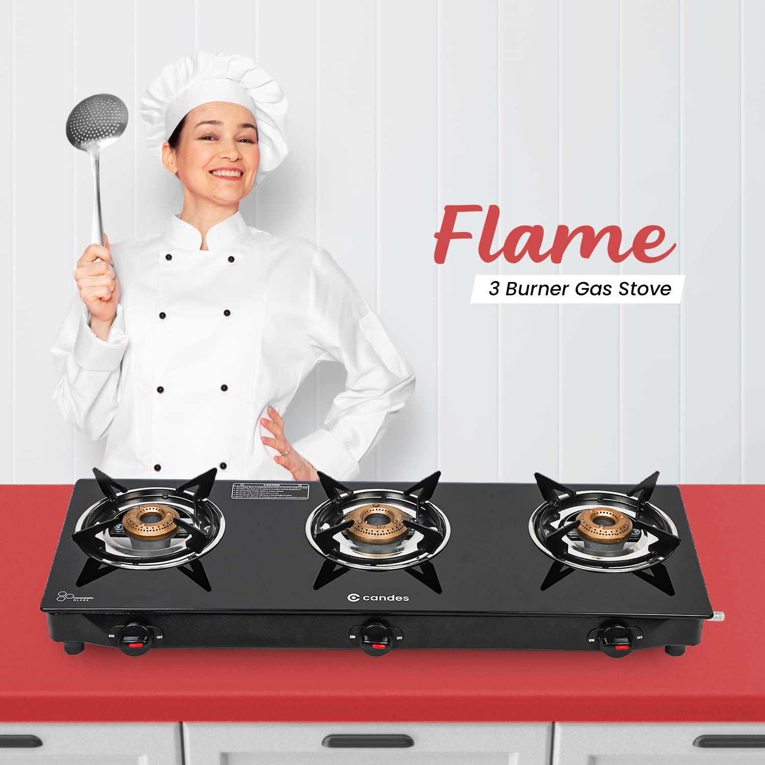 Candes Flame Glass Top Gas Stove, Manual Ignition, Black (ISI Certified, with 12 Months Warranty (3 Burner) - view 2