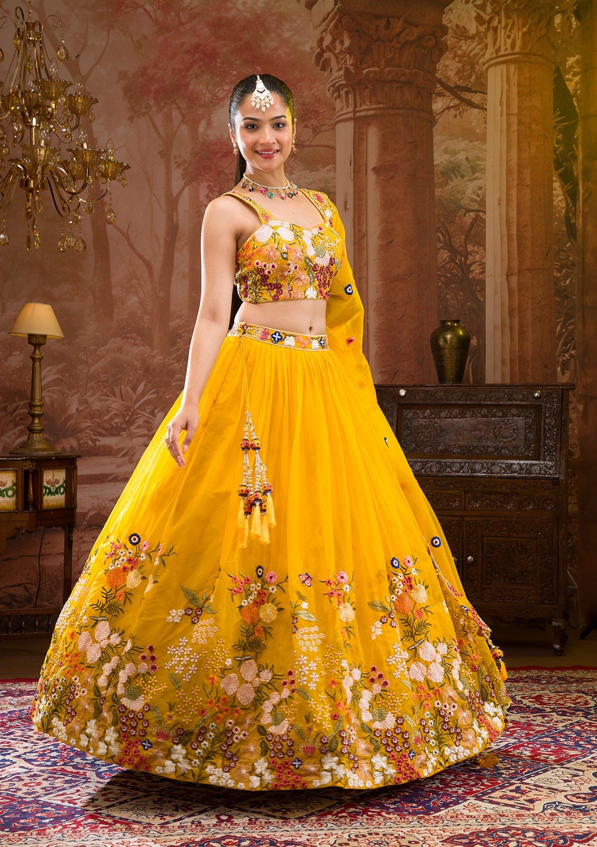 Koskii Yellow Threadwork Tissue Readymade Lehenga