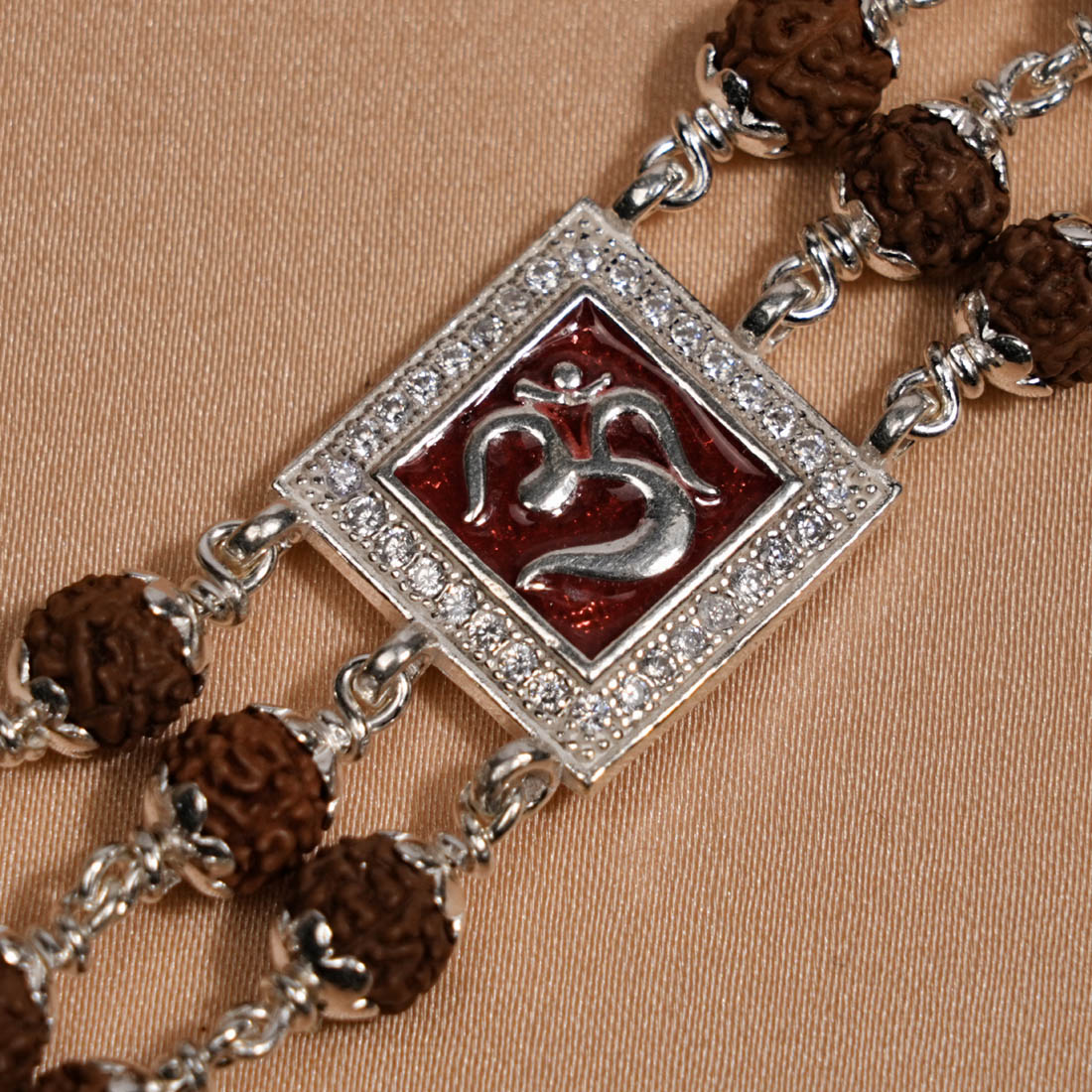 Prinjal Jewellers Rudraksha Silver Om in Red Triple Line Bracelet