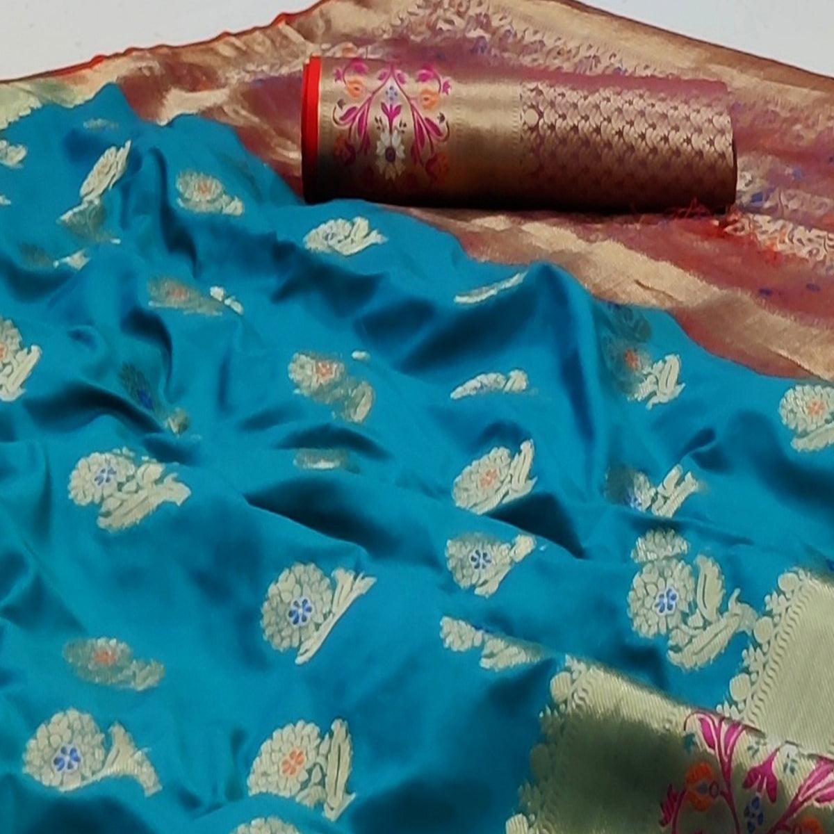 Peachmode Firozi Festive Wear Floral Woven Soft Silk Saree With Jacquard Border - view 3