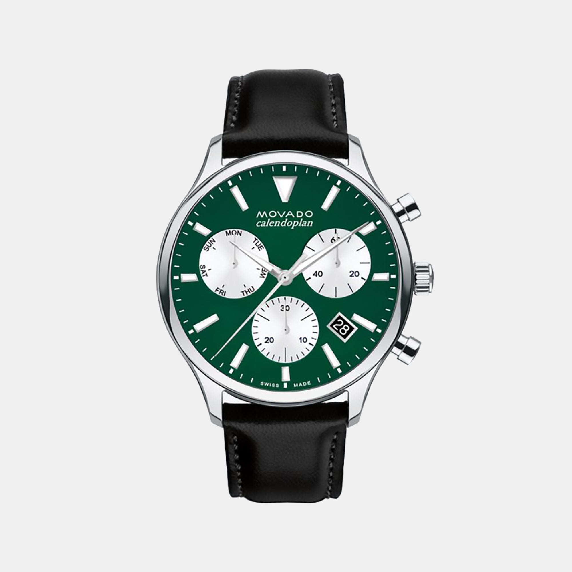 Movado Calendoplan Heritage Men Quartz Green Dial Chronograph Leather Watch 3650149