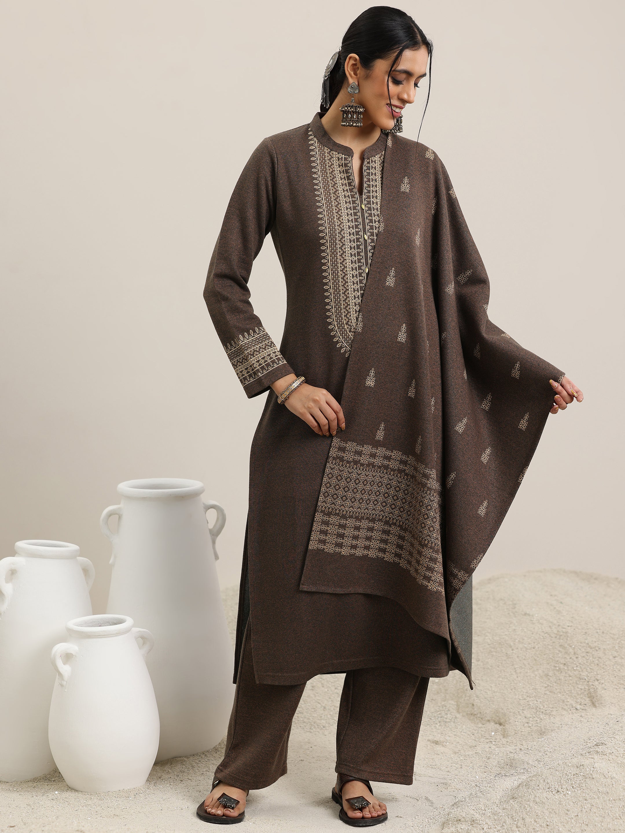 Libas Brown Yoke Design Wool Blend Straight Suit With Dupatta - view 2
