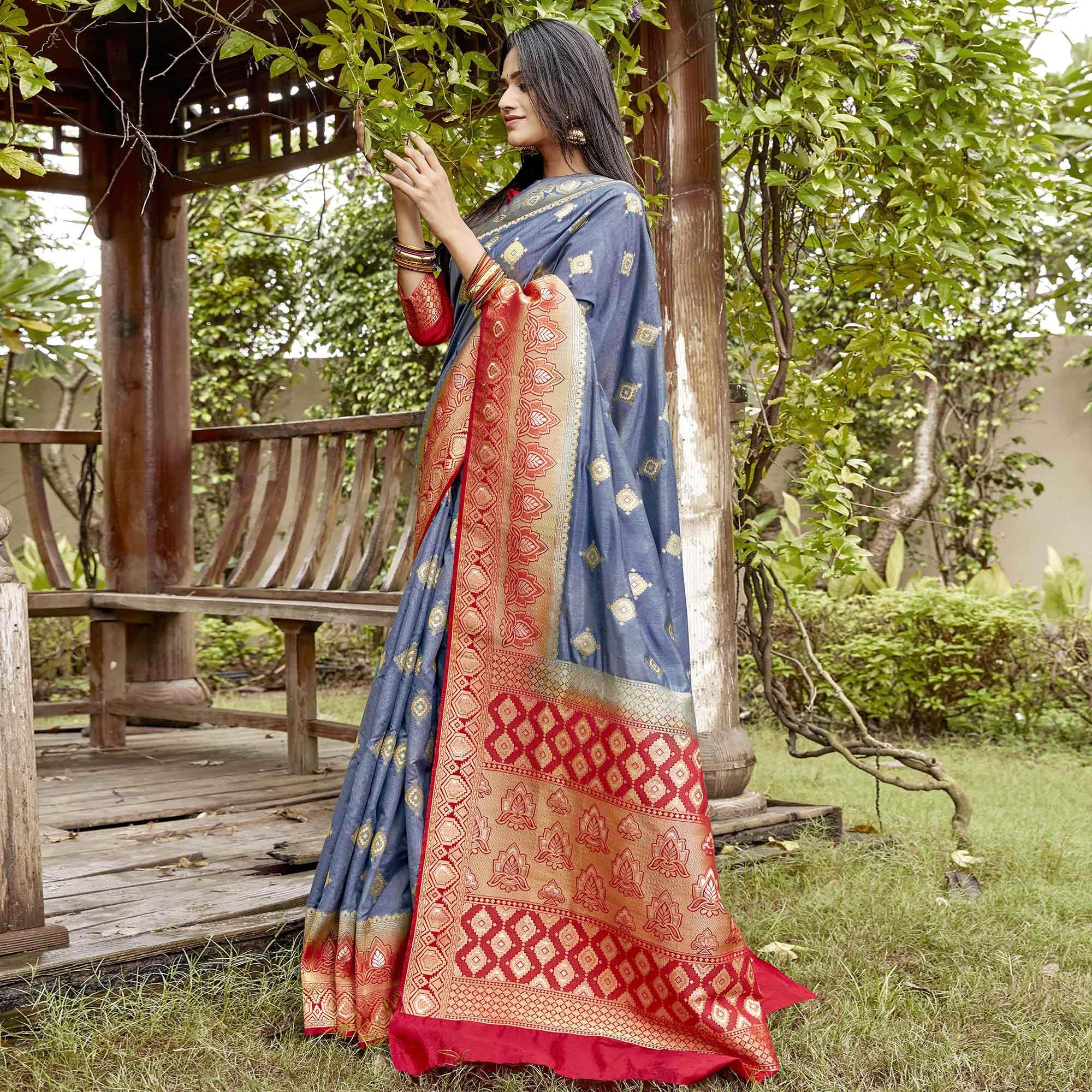 Peachmode Flirty Grey Colored Festive Wear Woven Banarasi Silk Saree