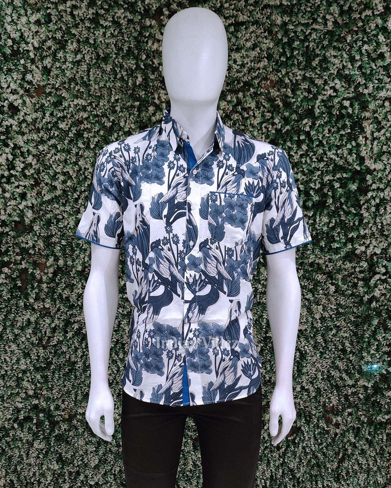 IndianVillèz Sky Blue Bird Design Block Printed Half Sleeve Shirt for Men