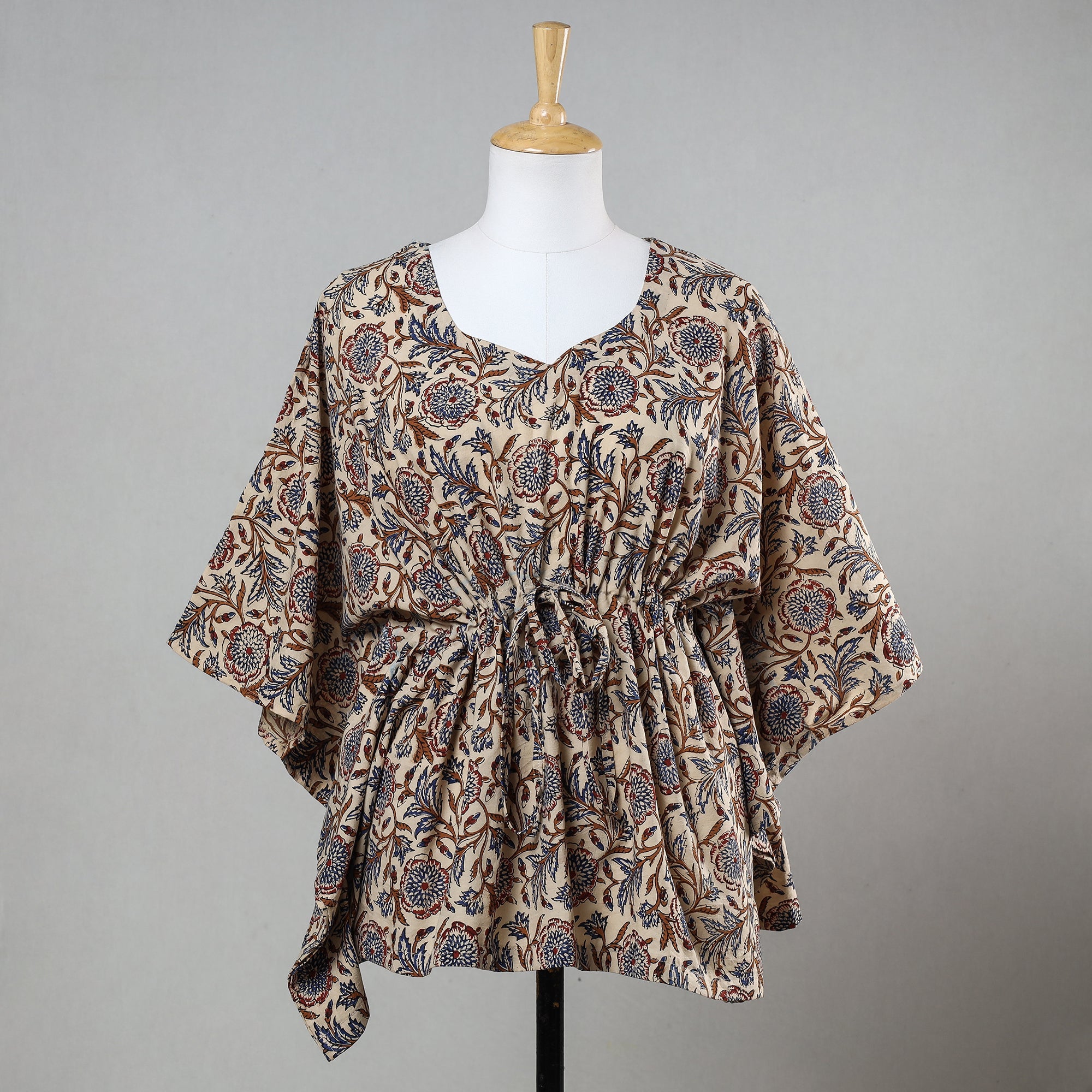 ITOKRI CASUALS Beige - Bagru Block Printed Cotton Kaftan with Tie-Up Waist (Short)