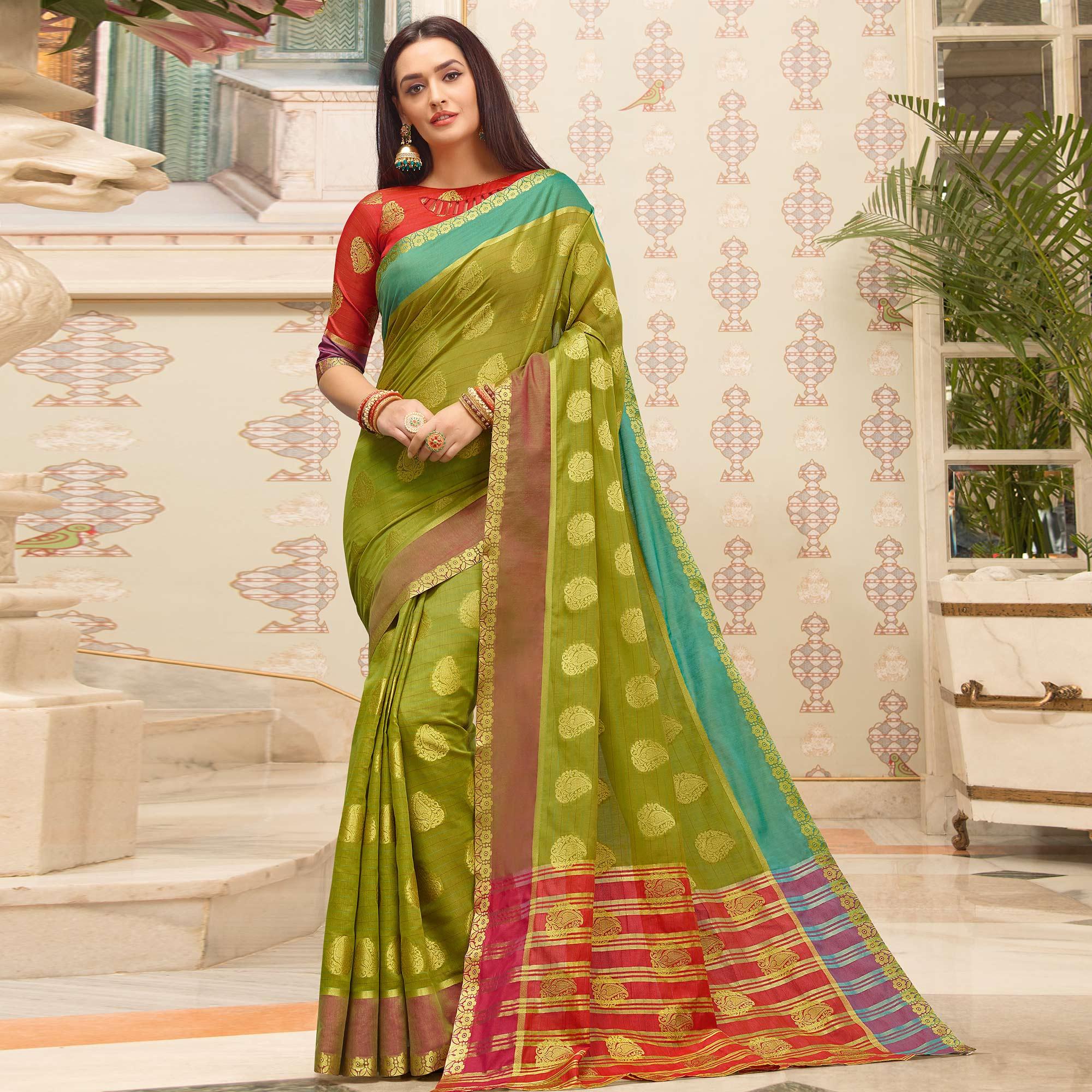 Peachmode Flattering Parrot Green Colored Festive Wear Woven Cotton Handloom Saree