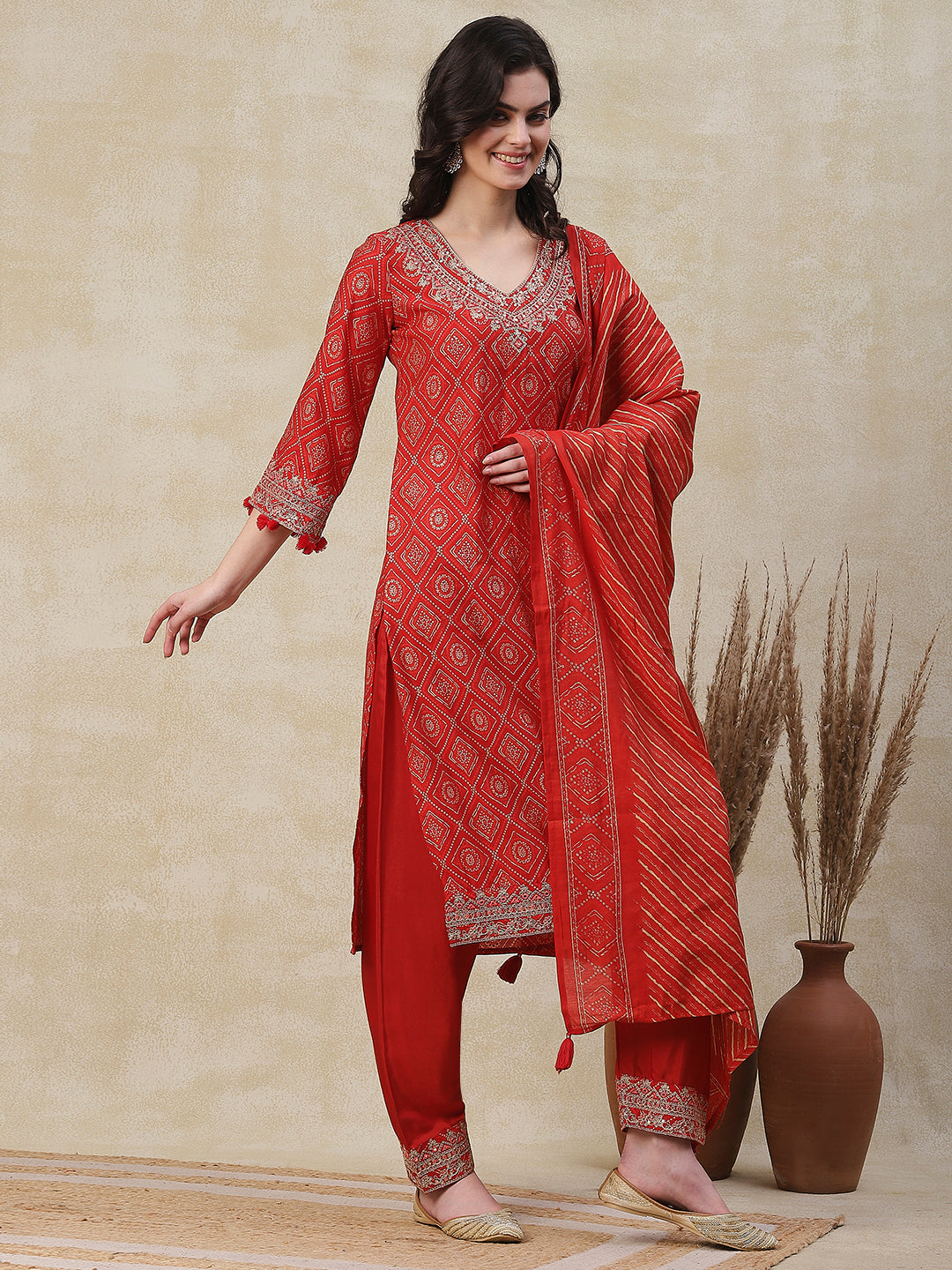 Fashor Ethnic Printed Zari, Sequins & Mirror Embroidered Kurta with Pants & Dupatta - Orange - view 3