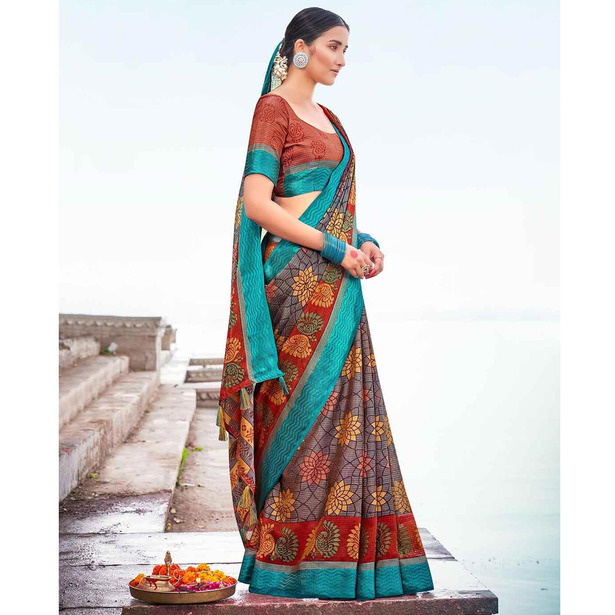 Peachmode Multicolor Festive Wear Printed Brasso Saree - view 3