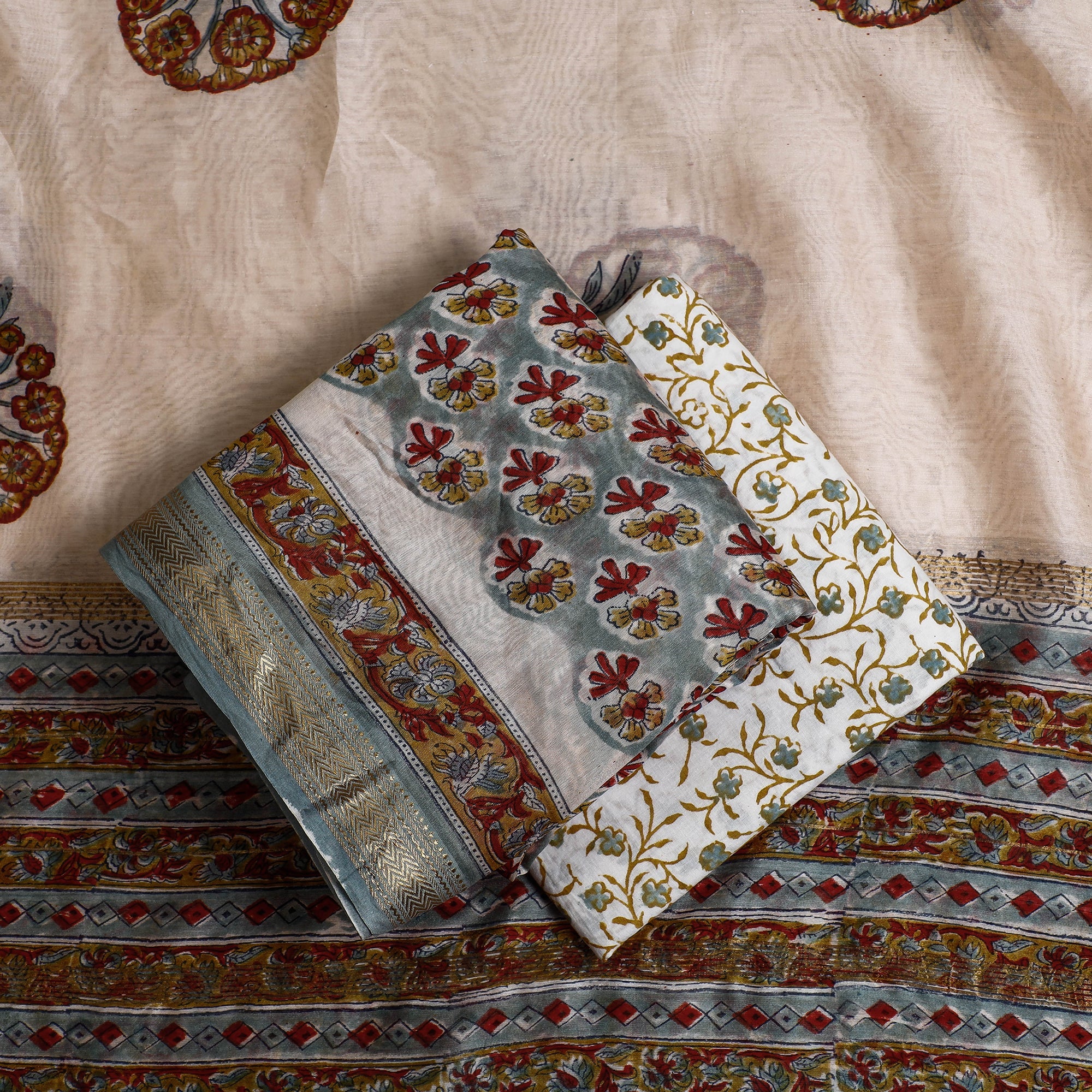 ARTISAN HAND BLOCK PRINTS 3pc Sanganeri Block Printed Maheshwari Silk Suit Material Set - view 2