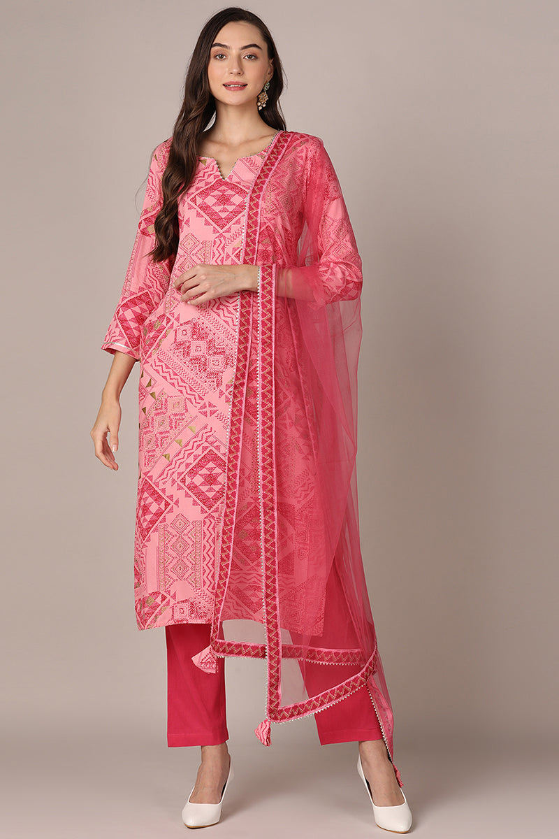 Ahika Pink Viscose Rayon Geometric Printed Straight Style Suit Set VKSKD1991