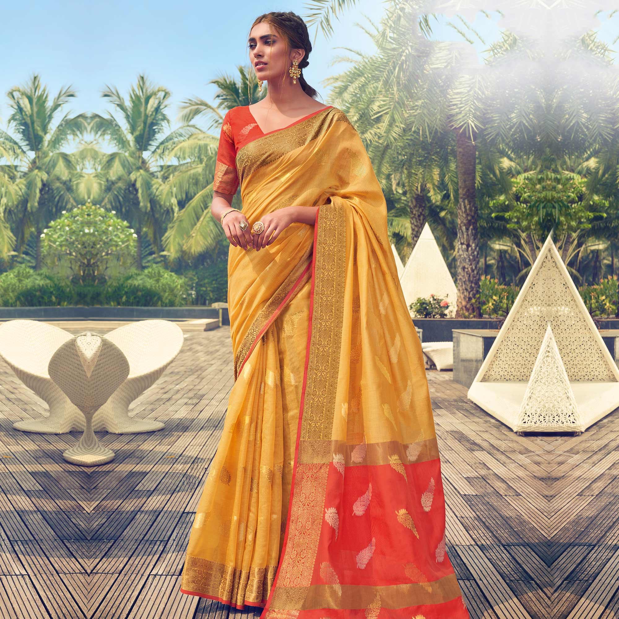 Peachmode Ideal Yellow Colored Festive Wear Woven Cotton Handloom Saree