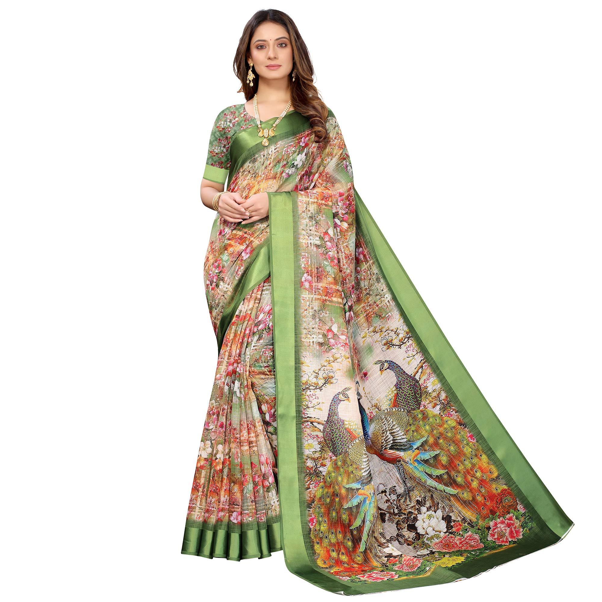 Peachmode Multi-Green Colored Casual Wear Floral Peacock Digital Printed Linen Slub saree