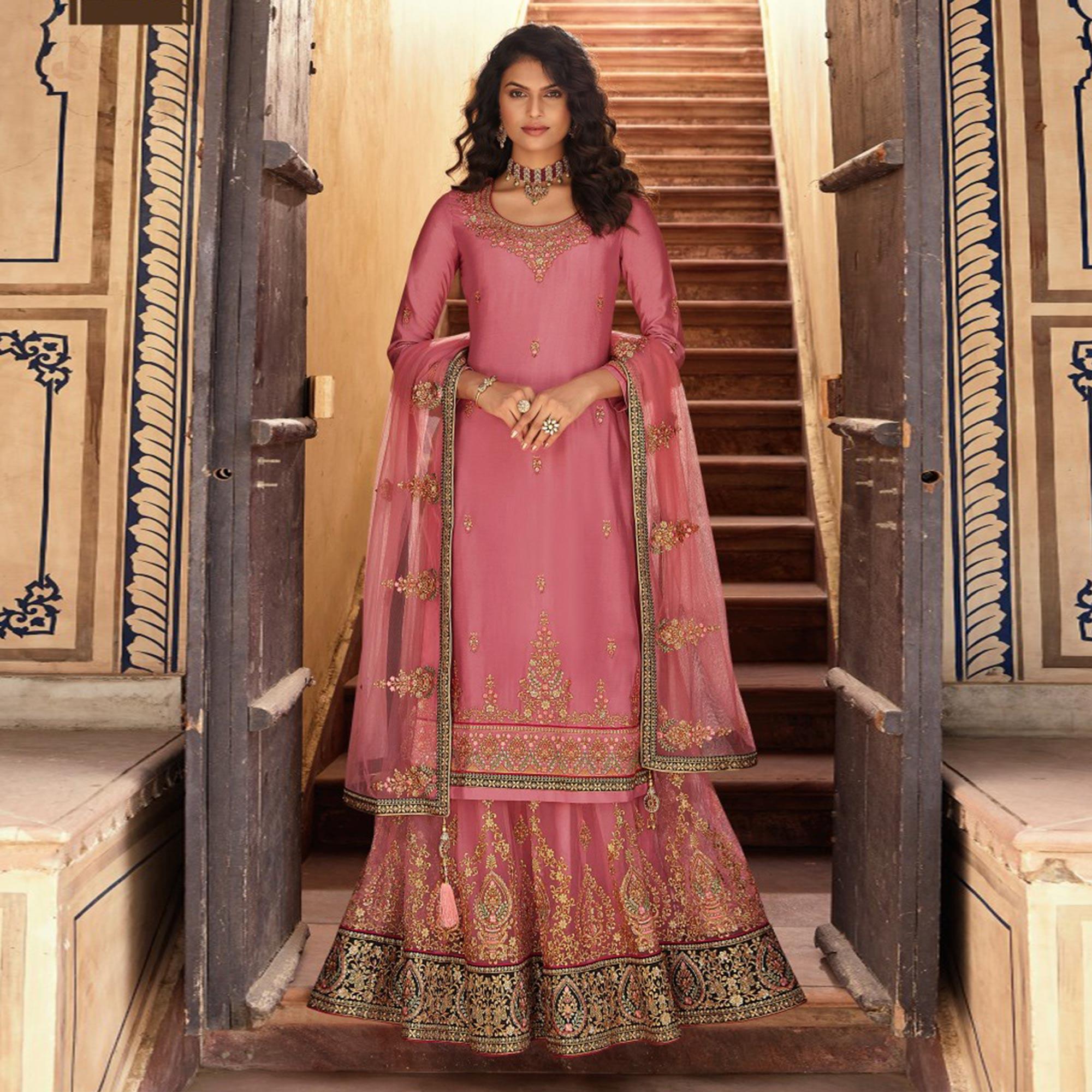 Peachmode Seller Mauve Embroidered Georgette Lehenga Kameez