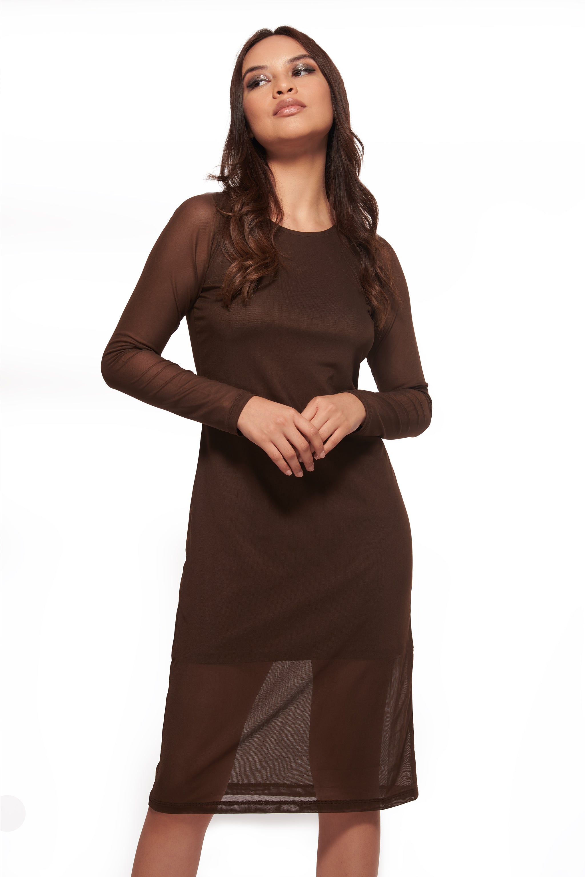 Normcore Brown Mesh Layered Midi Dress - view 4