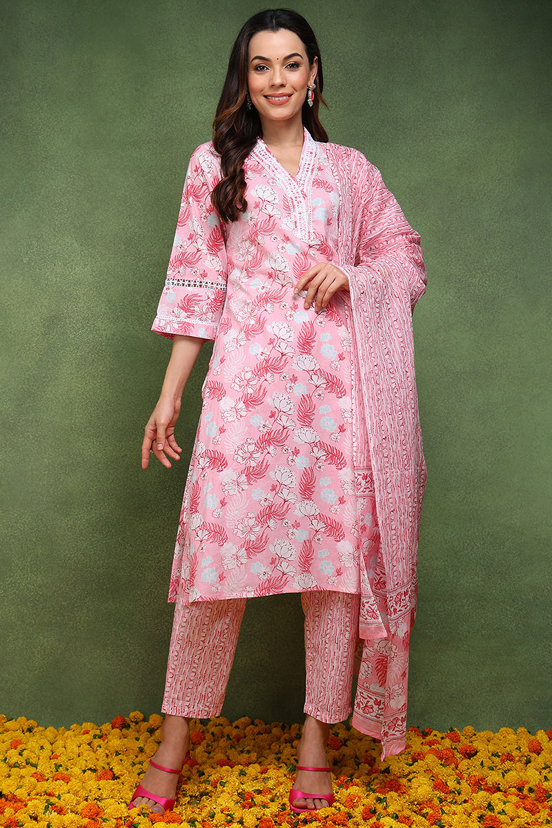 Ahika Pink Pure Cotton Floral Printed Straight Suit Set JPSKD1015PNK - view 2