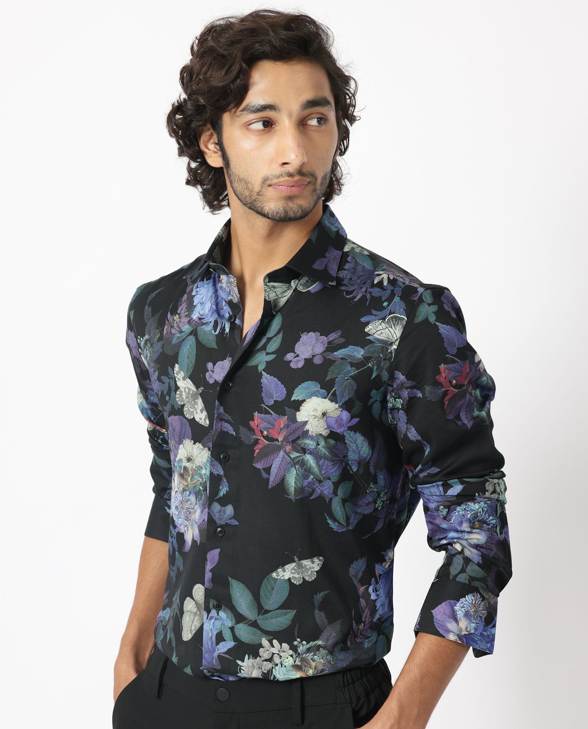 Rare Rabbit Men's Ease Black Cotton Modal Fabric Floral Print Full Sleeves Shirt - view 6