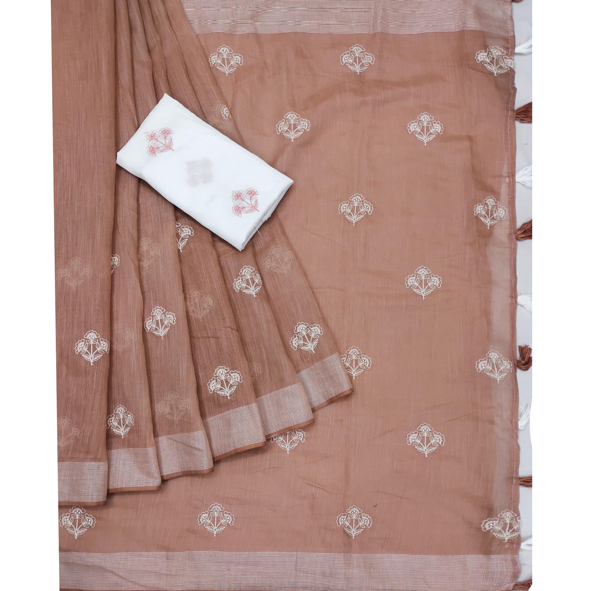 Peachmode Brown Floral Embroidered Raw Silk Saree - view 3