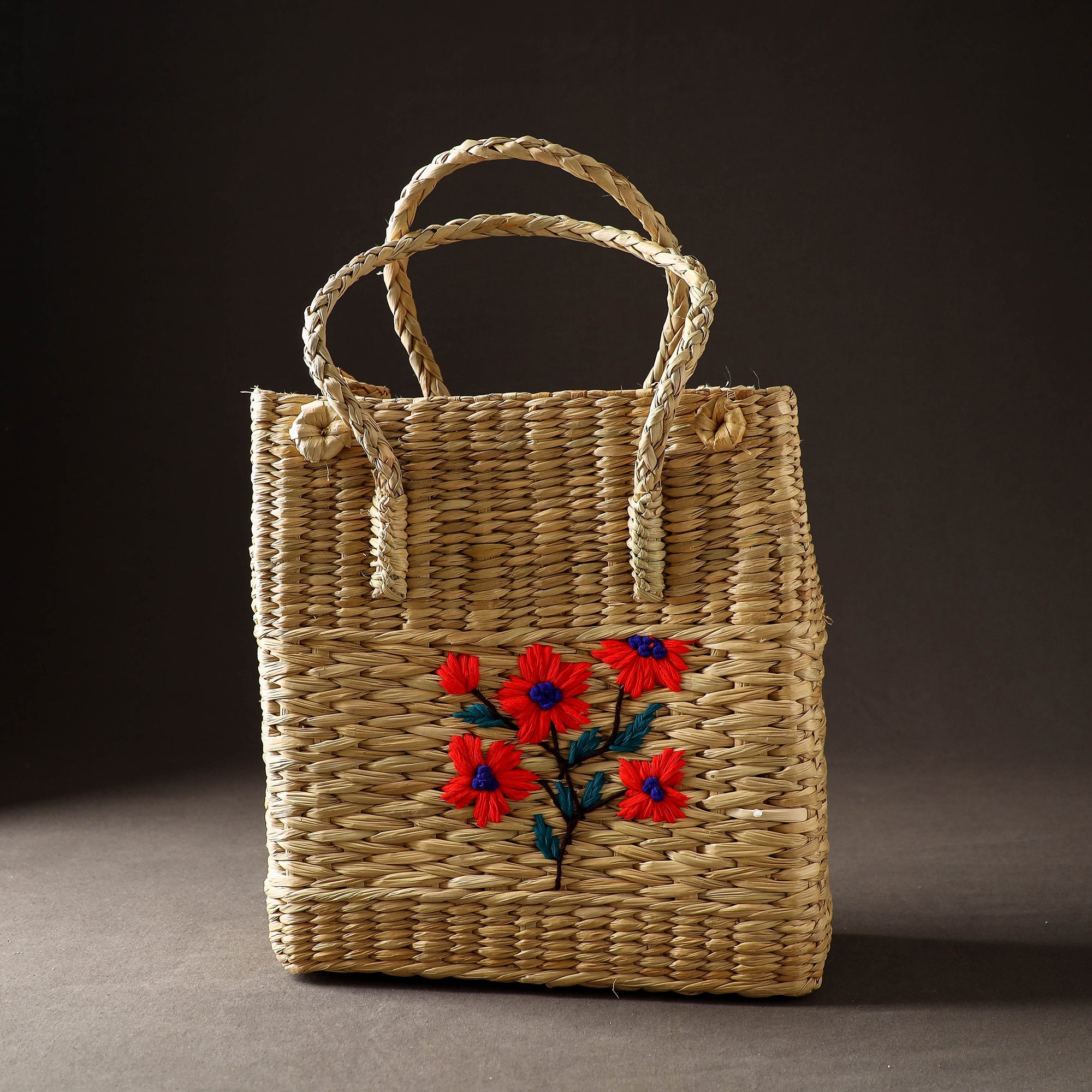 ITOKRI CRAFTS INITIATIVE Beige - Handcrafted Natural Water Reed Embroidered Shopping Bag