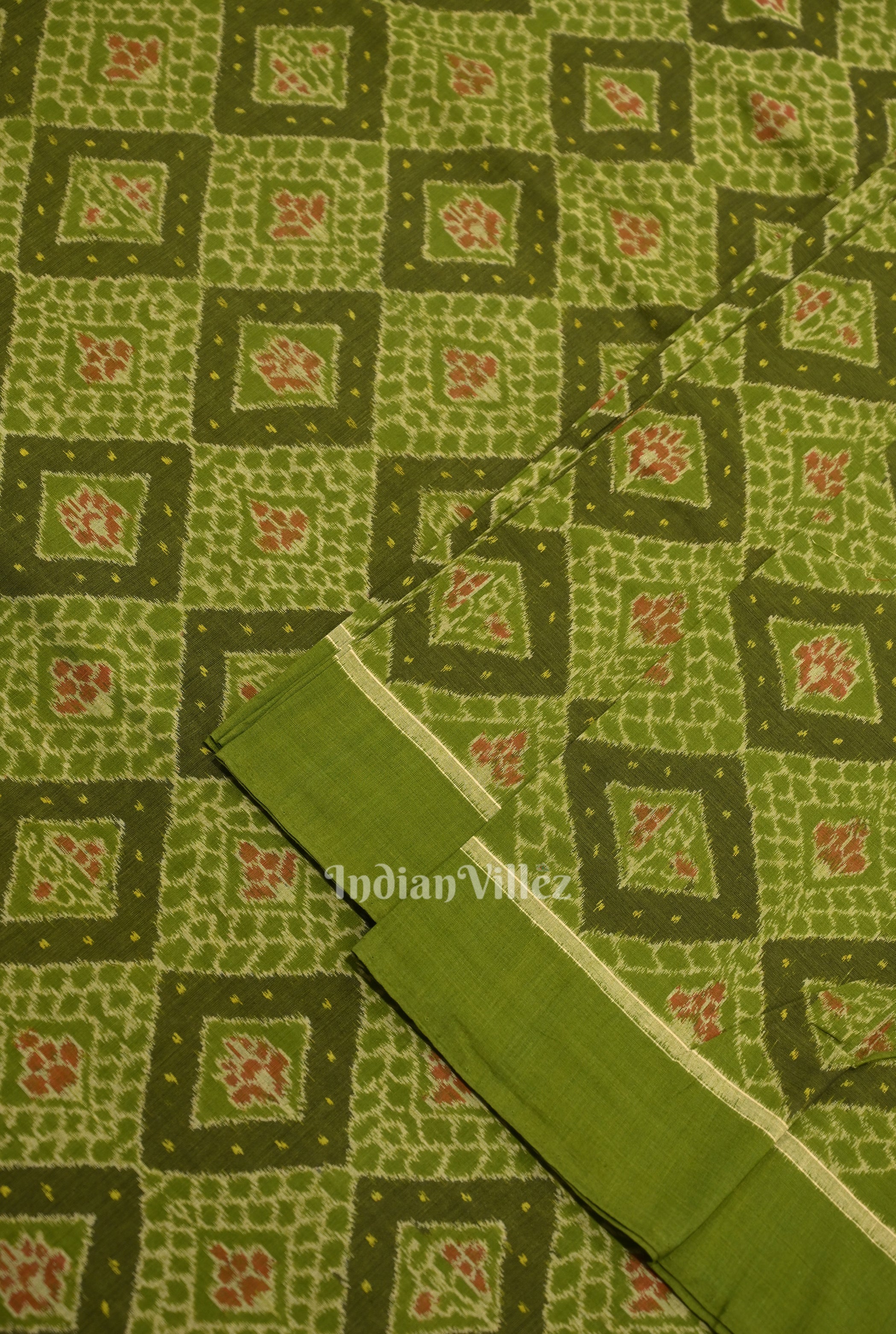 IndianVillèz Mehendi Green Sambalpuri Ikat Cotton Fabric - view 2