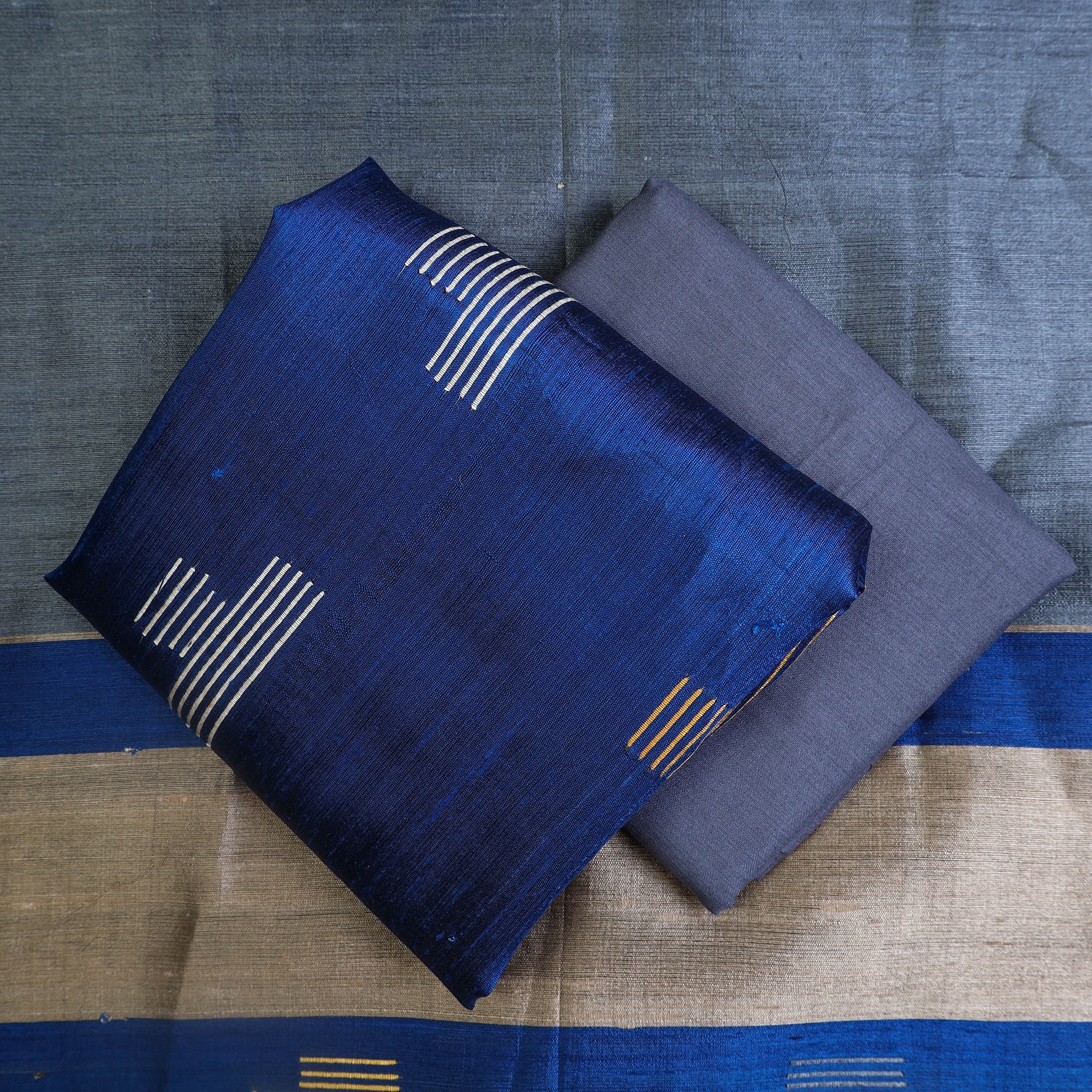ITOKRI CRAFTS INITIATIVE Blue - 3pc Bhagalpuri Tussar Silk Dress Material Set 05 - view 2