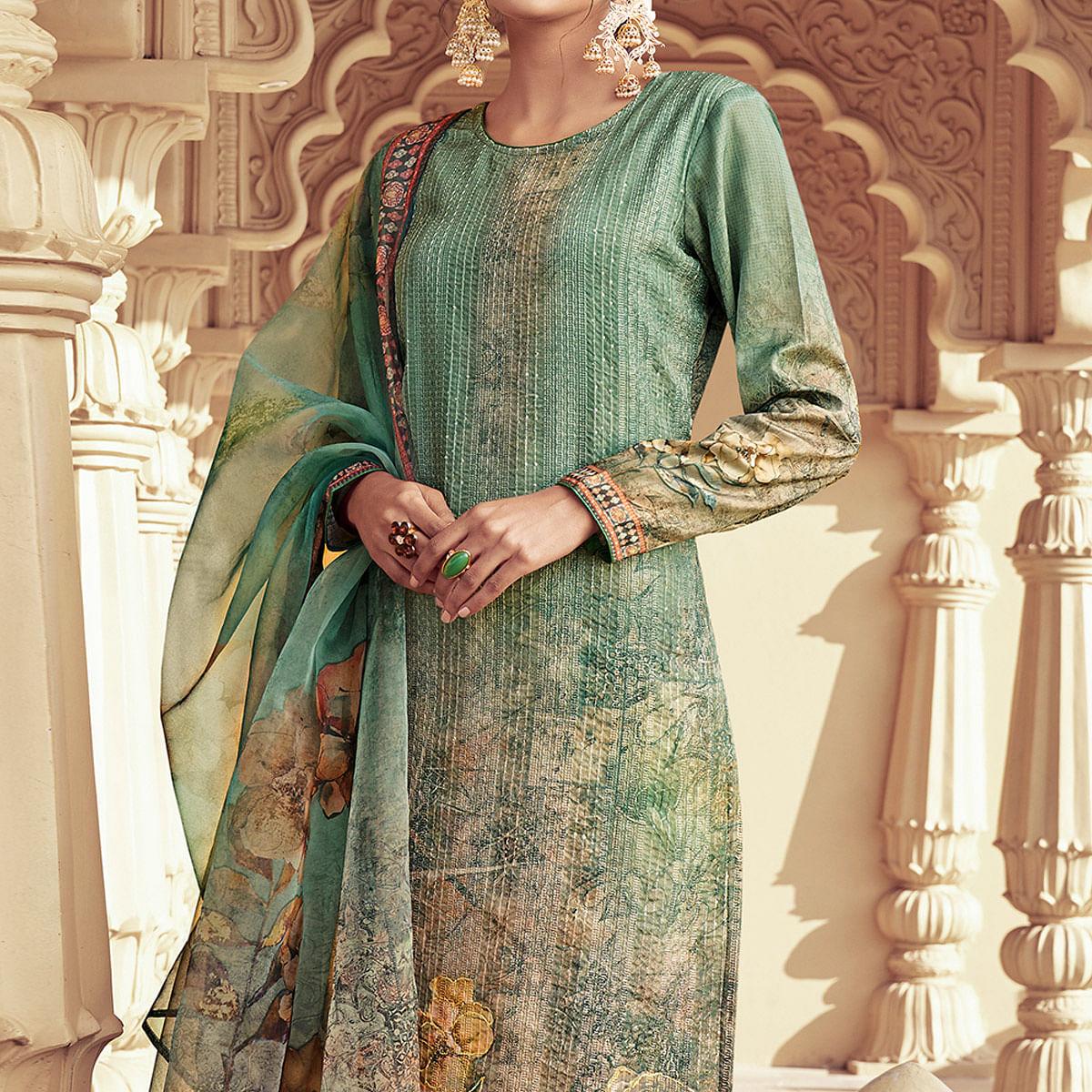 BlackTree green-floral-print-with-sequence-embroidered-royal-chinon-partywear-suit-134095 - view 2