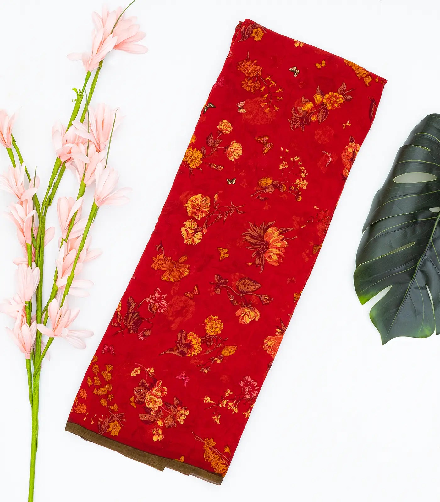 RmKV Red Woven Digital Printed Georgette Silk Saree With Floral Motifs