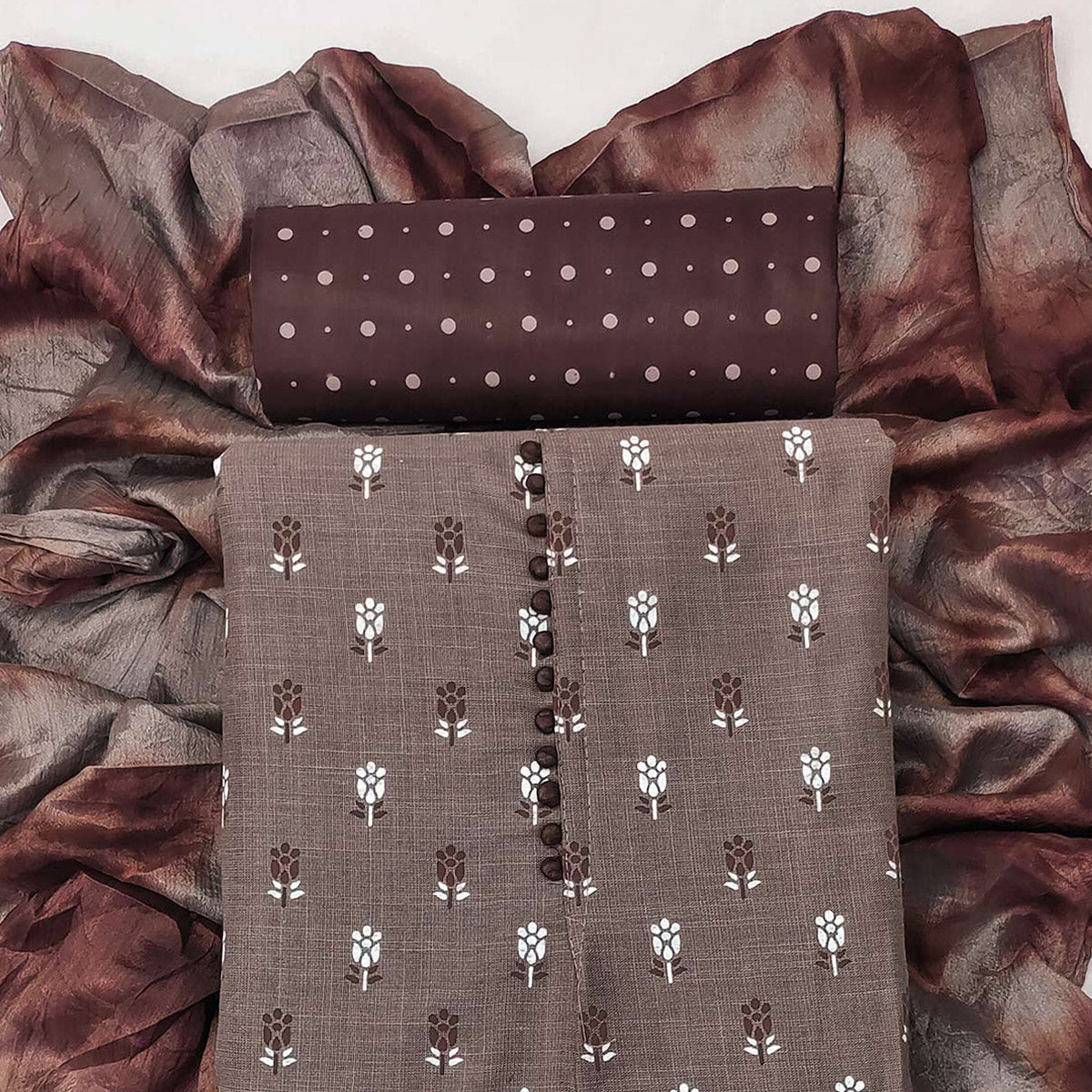 Peachmode Dark Chikoo Floral Printed Cotton Blend Dress Material - view 2