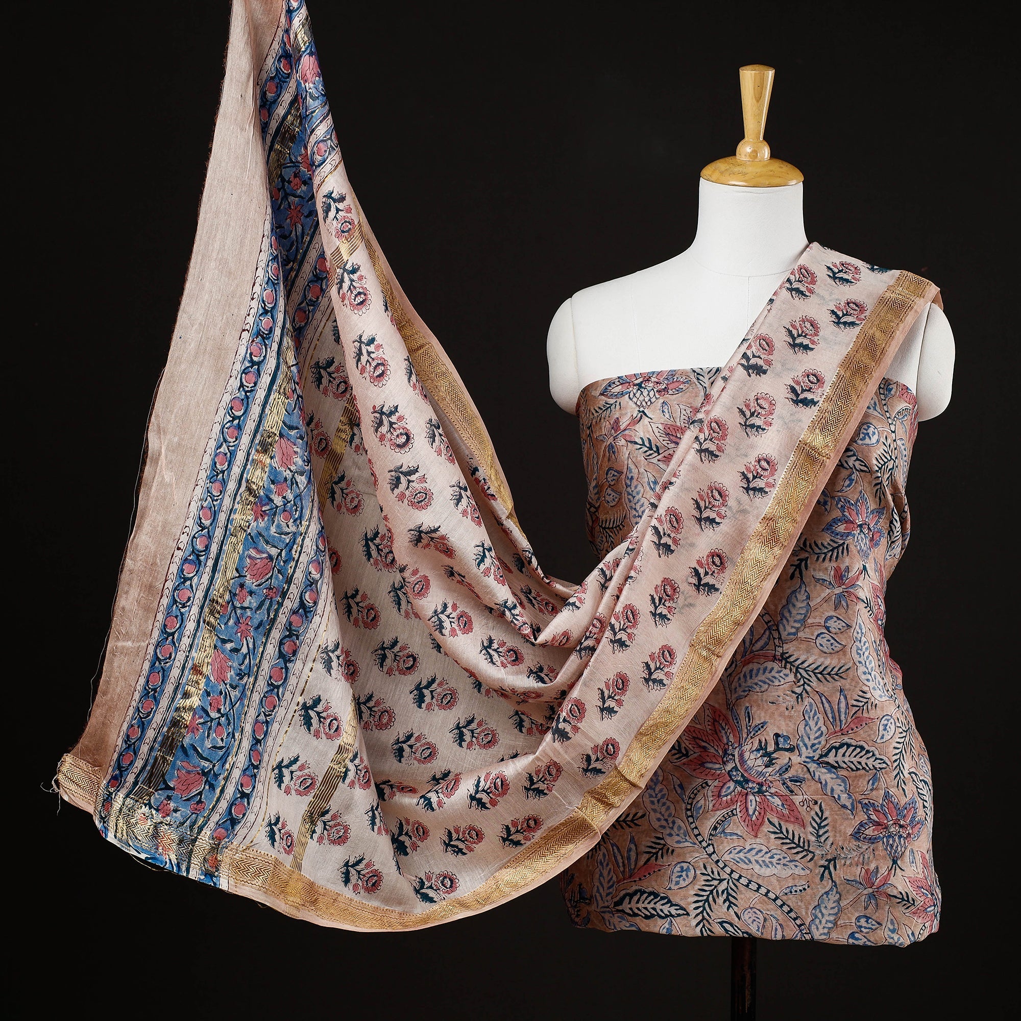 ARTISAN HAND BLOCK PRINTS Brown - 3pc Sanganeri Block Printed Maheshwari Silk Suit Material Set