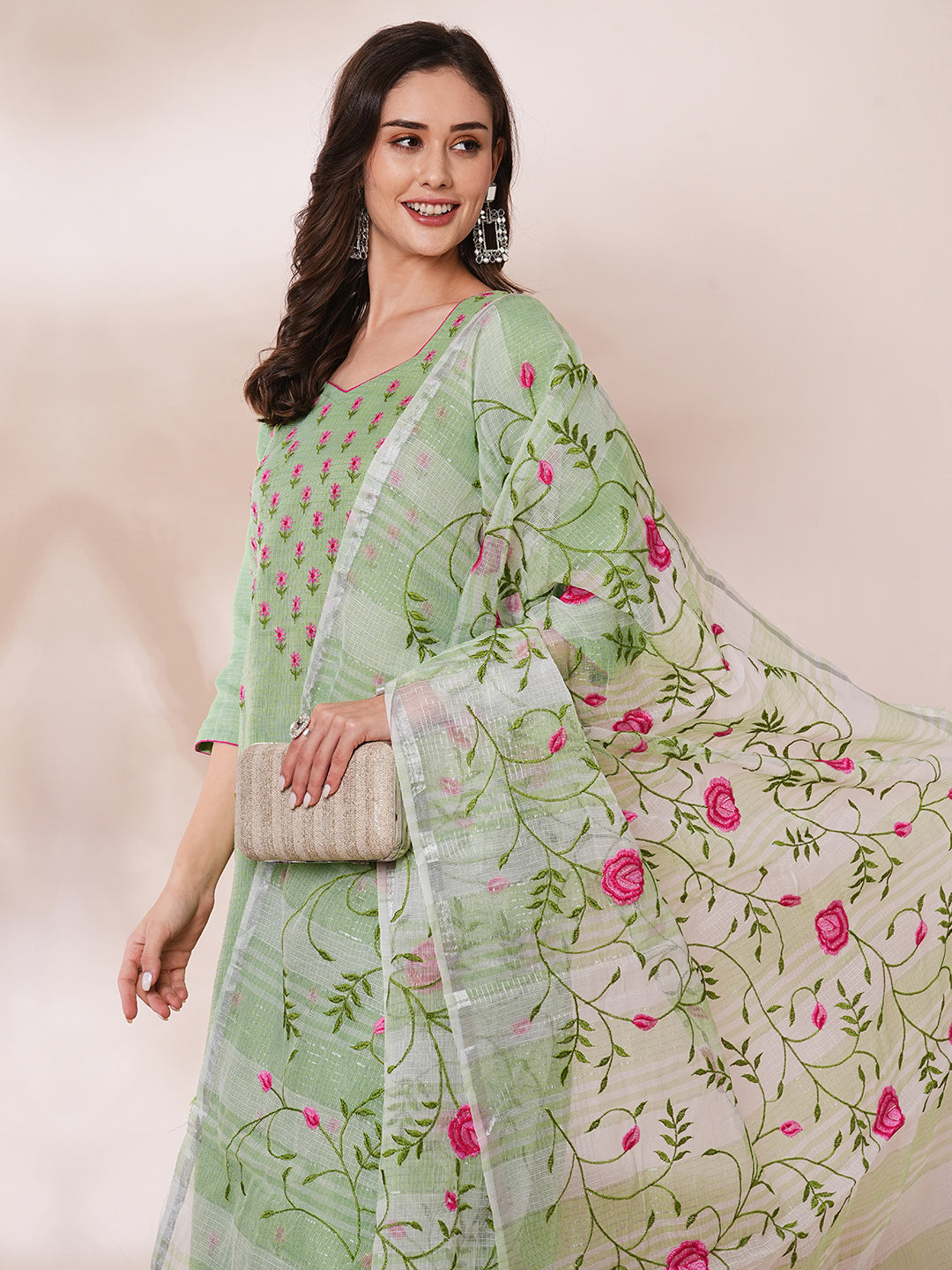 FASHOR Solid Floral Embroidered Straight Fit Kota Doriya Kurta with Dupatta & Pant - Green - view 2