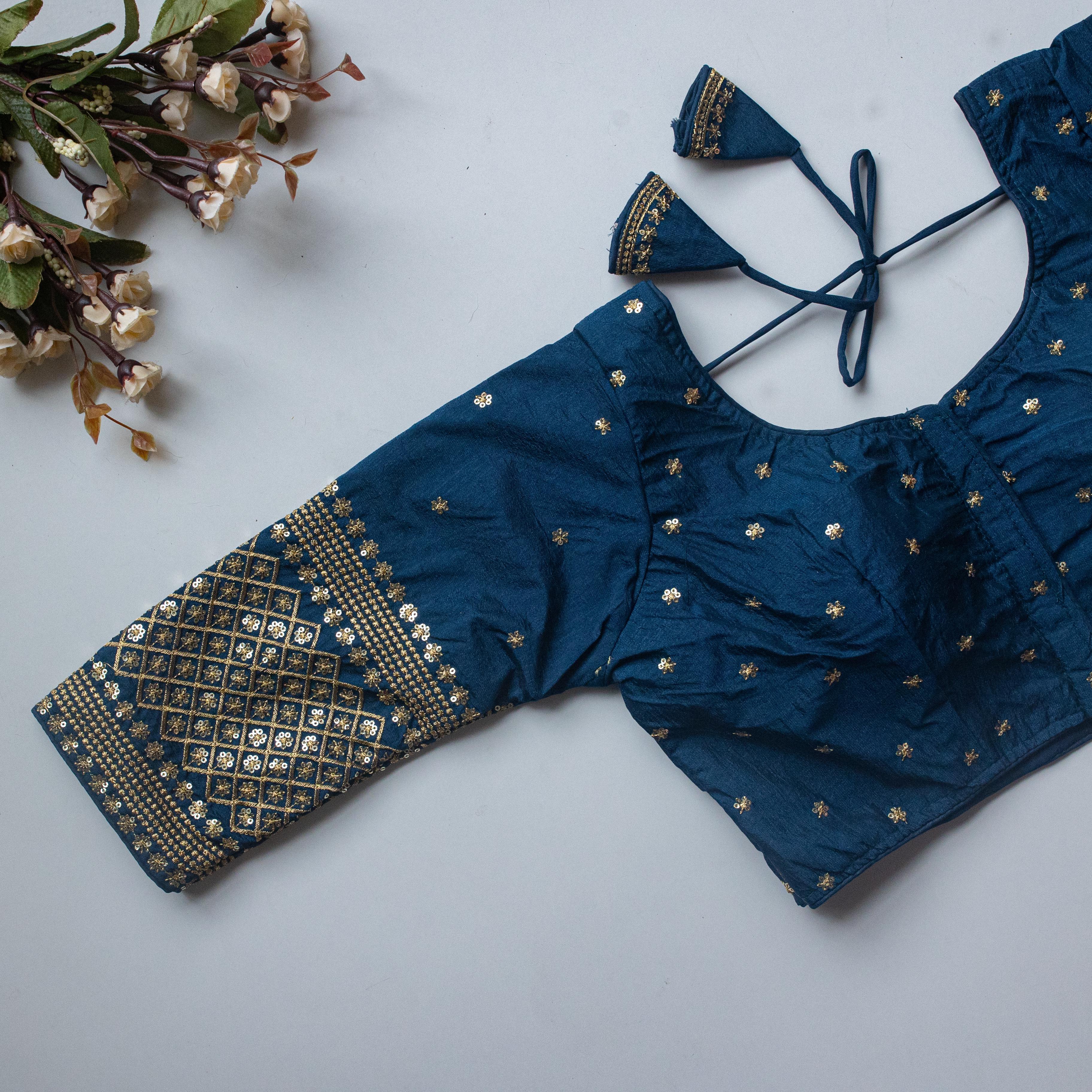 ClothsVilla Teal Blue Kashish Silk Blouse with Beautiful Embroidery and Sequined Touch