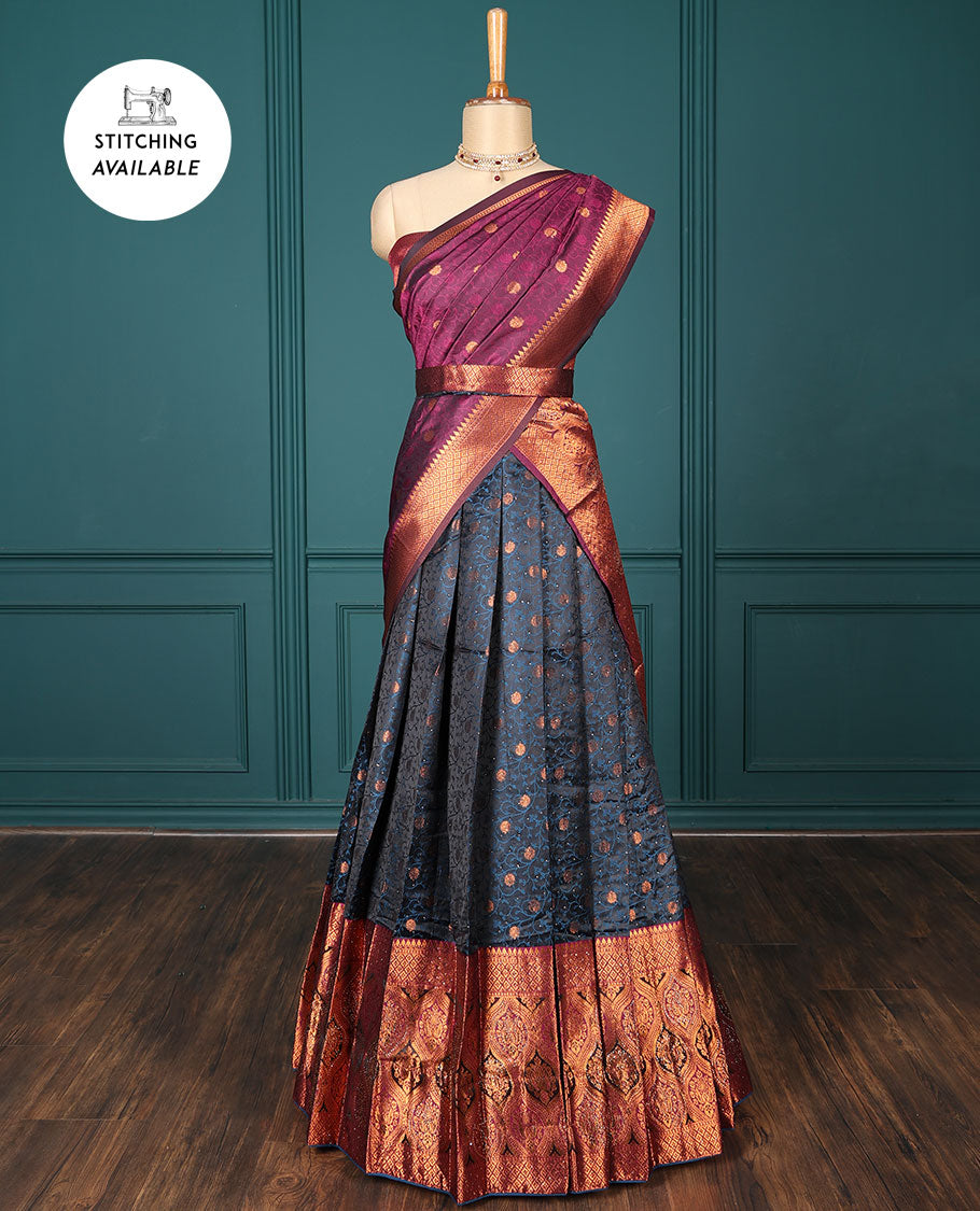 Pothys Black floral vine half-saree, contrast traditional design & stone work border, jacquard blouse & intricate dhavani