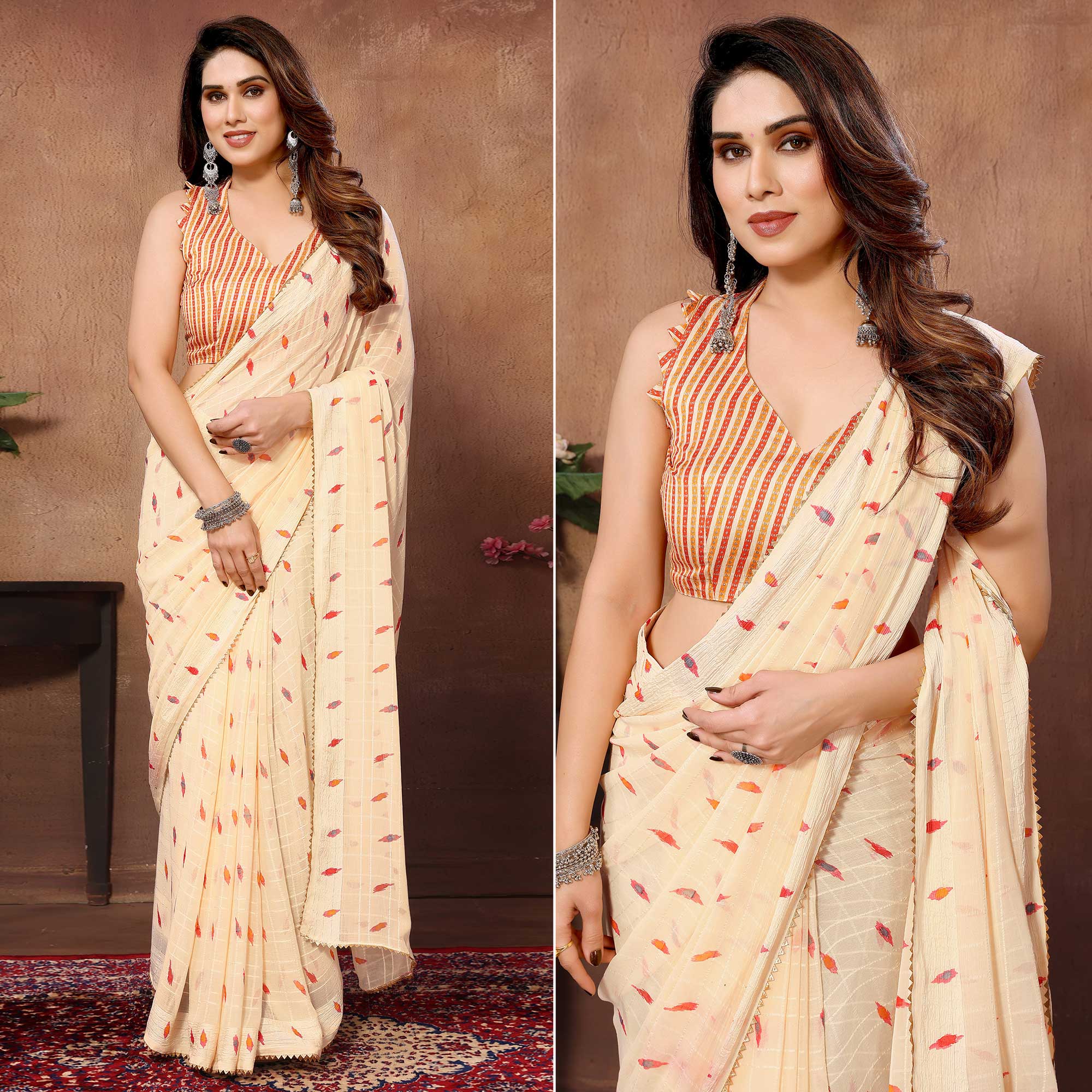 Peachmode Seller Light Peach Woven With Printed Ready To Wear Georgette Saree