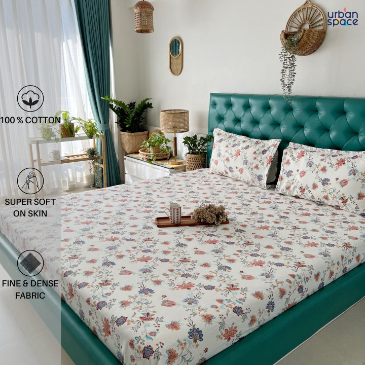Urban Space -Home Furnishing Store Serene 200 TC 100% Cotton Single Printed Bedsheet with Pillow Covers - Paradise Peach & Blue - view 2