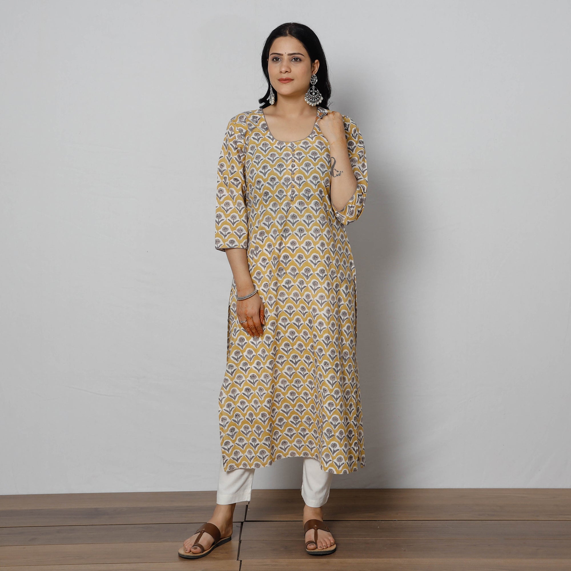 ITOKRI CASUALS Beige - Sanganeri Block Printed Cotton Long Straight Kurta - view 2