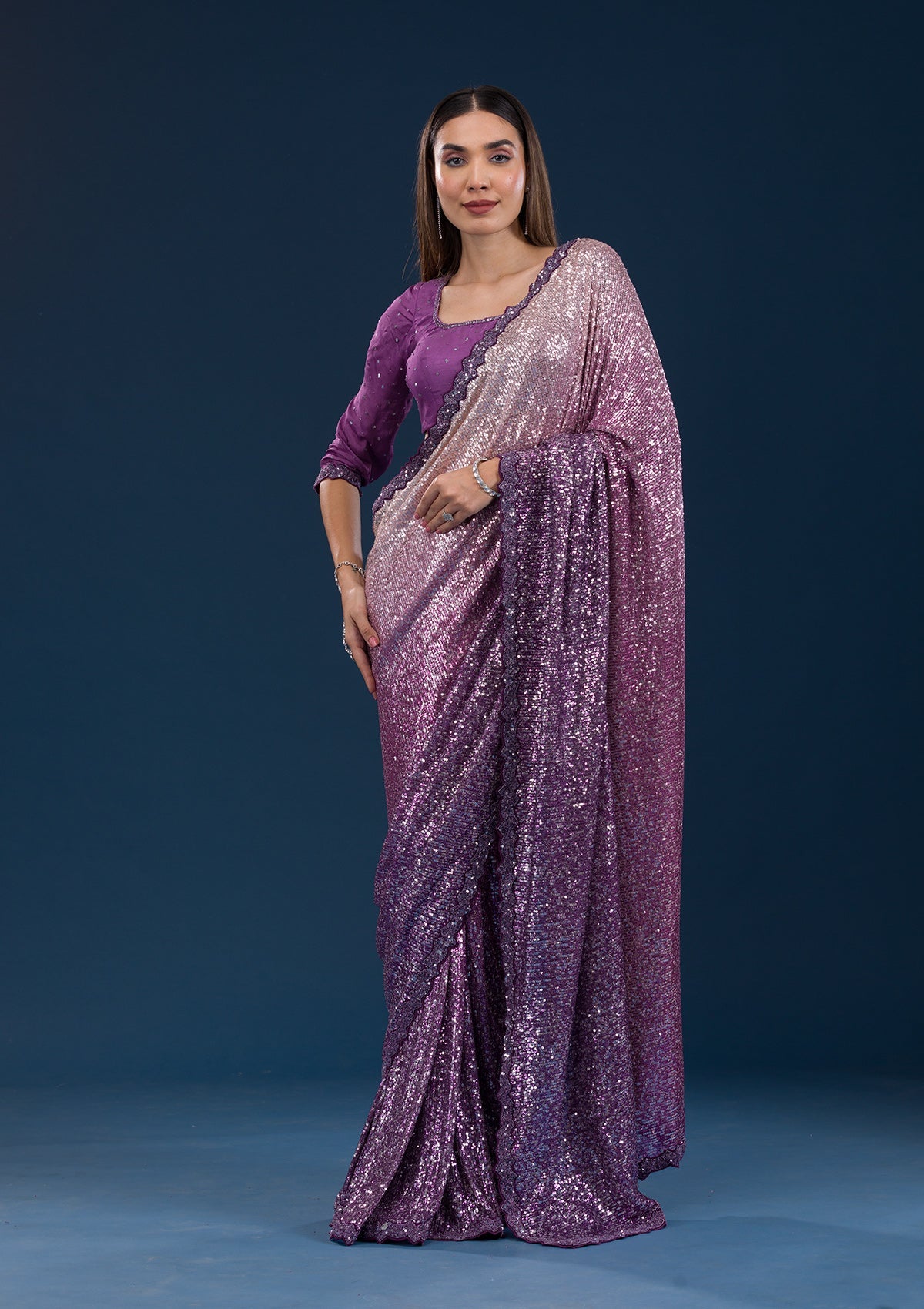 Koskii Purple Sequins Georgette Saree – Women's