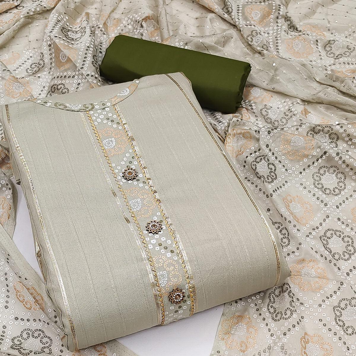 Peachmode Cream Gotta Patti With Bandhani Printed Pure Cotton Dress Material - view 2