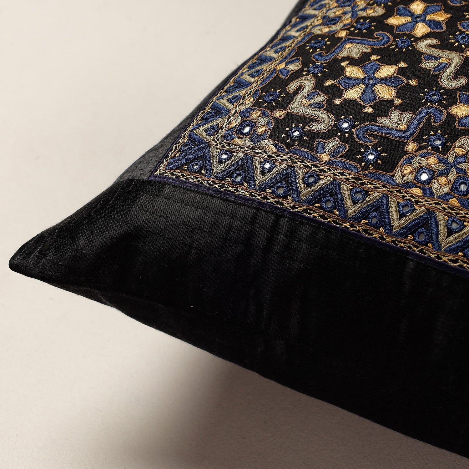 QASAB Black - Kutch Pakko Hand Embroidery Mashru Silk Cushion Cover (16 x 16 in) - view 2