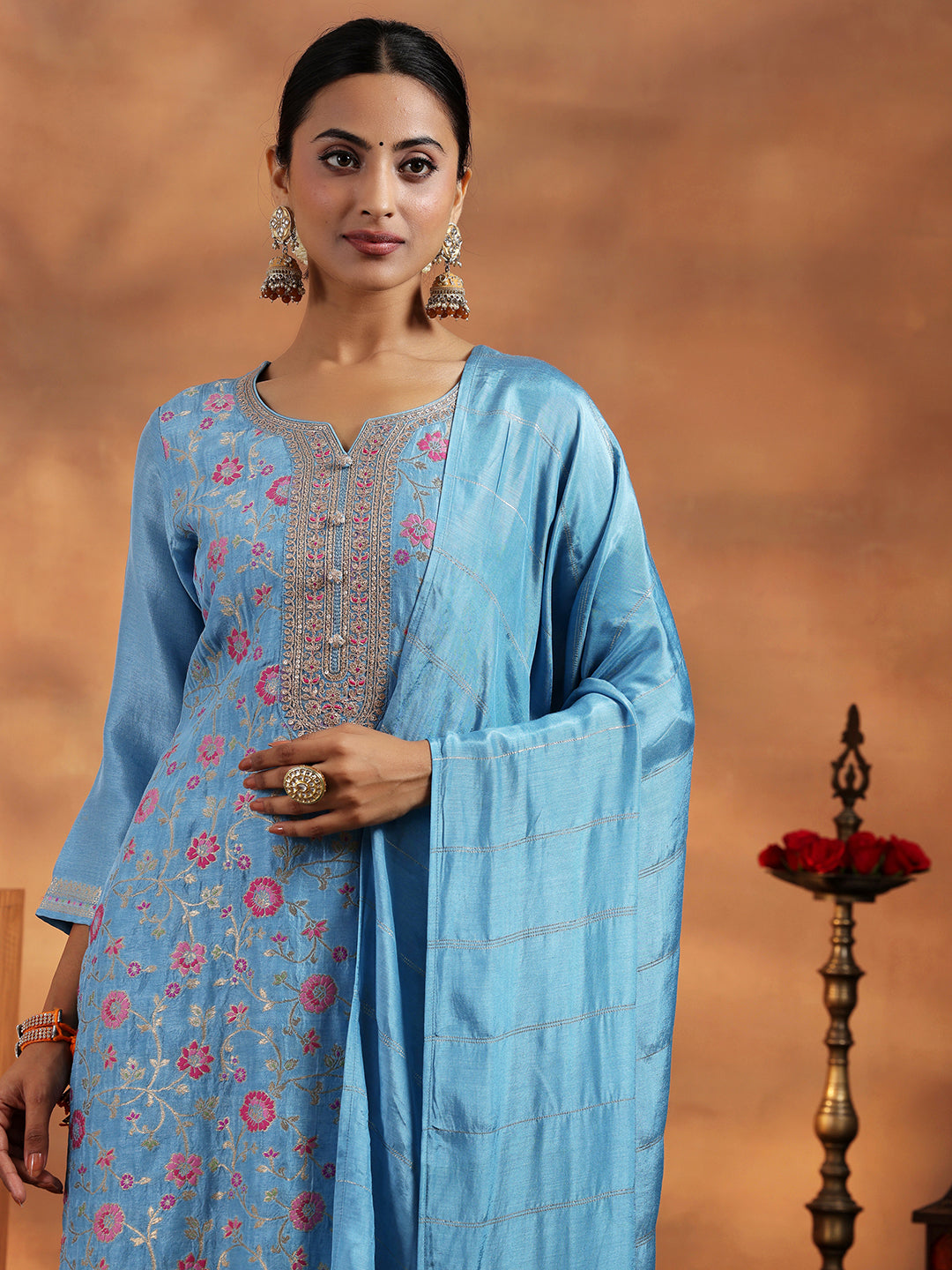 Libas Blue Woven Design Silk Blend Straight Suit With Dupatta - view 8