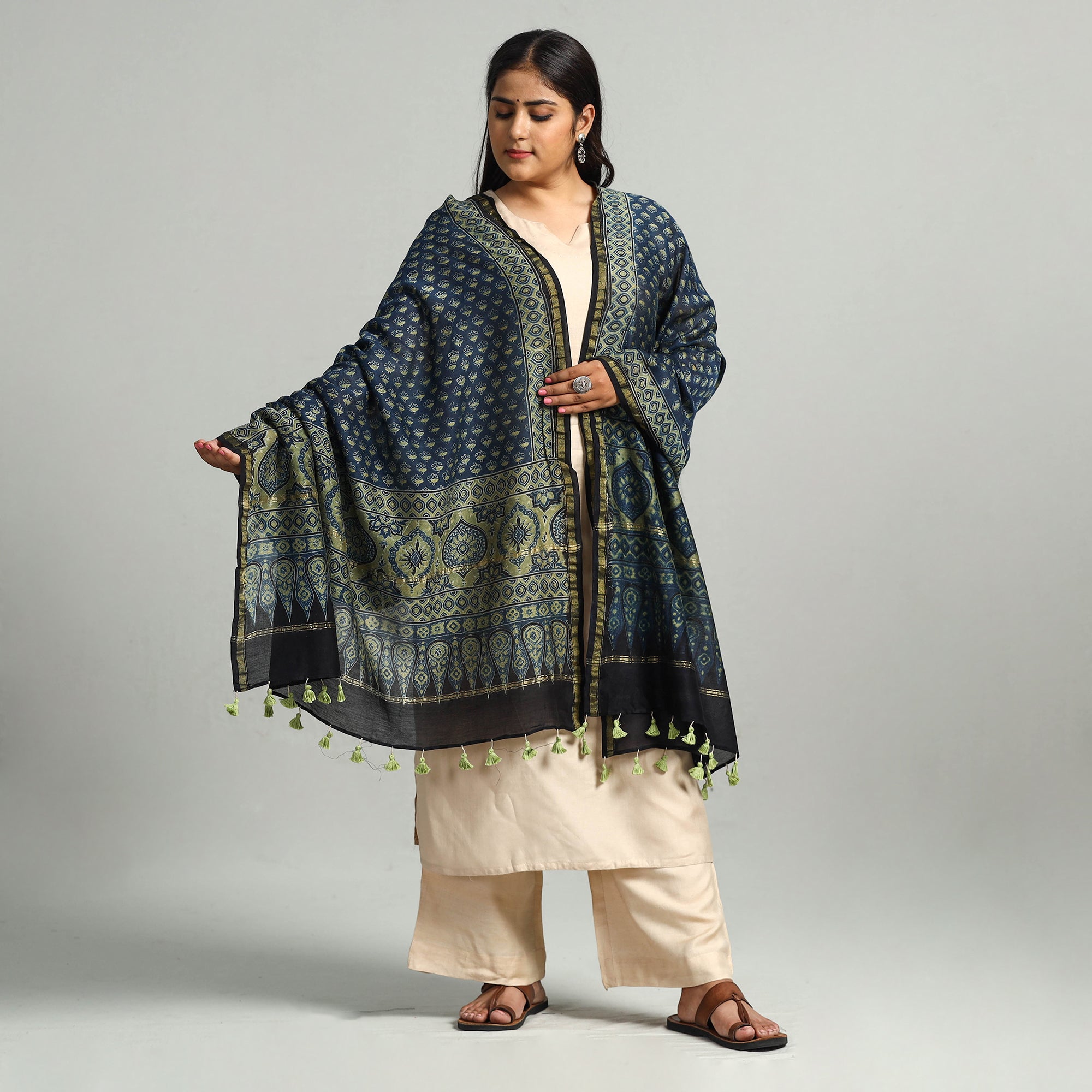 AJRAKH BY SUFIYAN ISMAIL KHATRI Blue - Block Printed Chanderi Silk Handloom Ajrakh Dupatta 12 - view 2