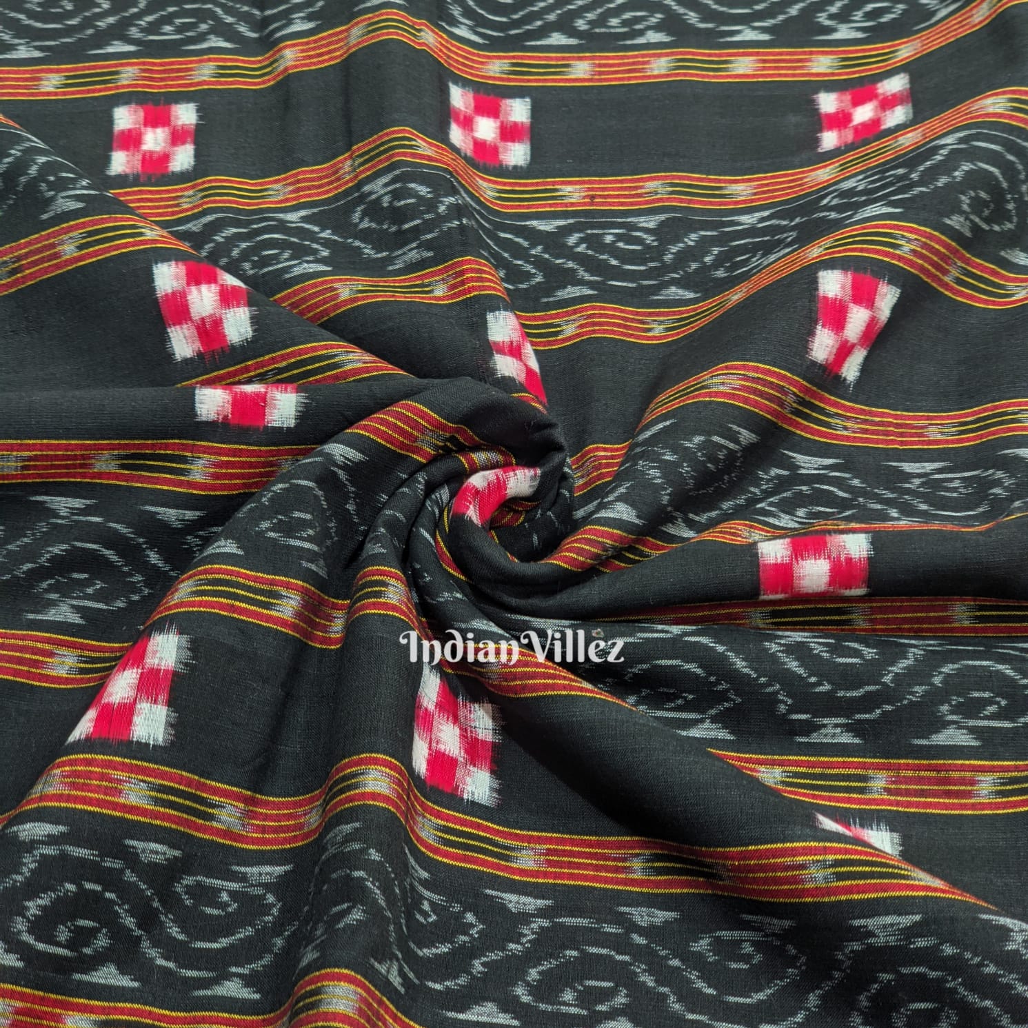IndianVillèz Black Pasapali Motif Odisha Ikat Sambalpuri Cotton Fabric