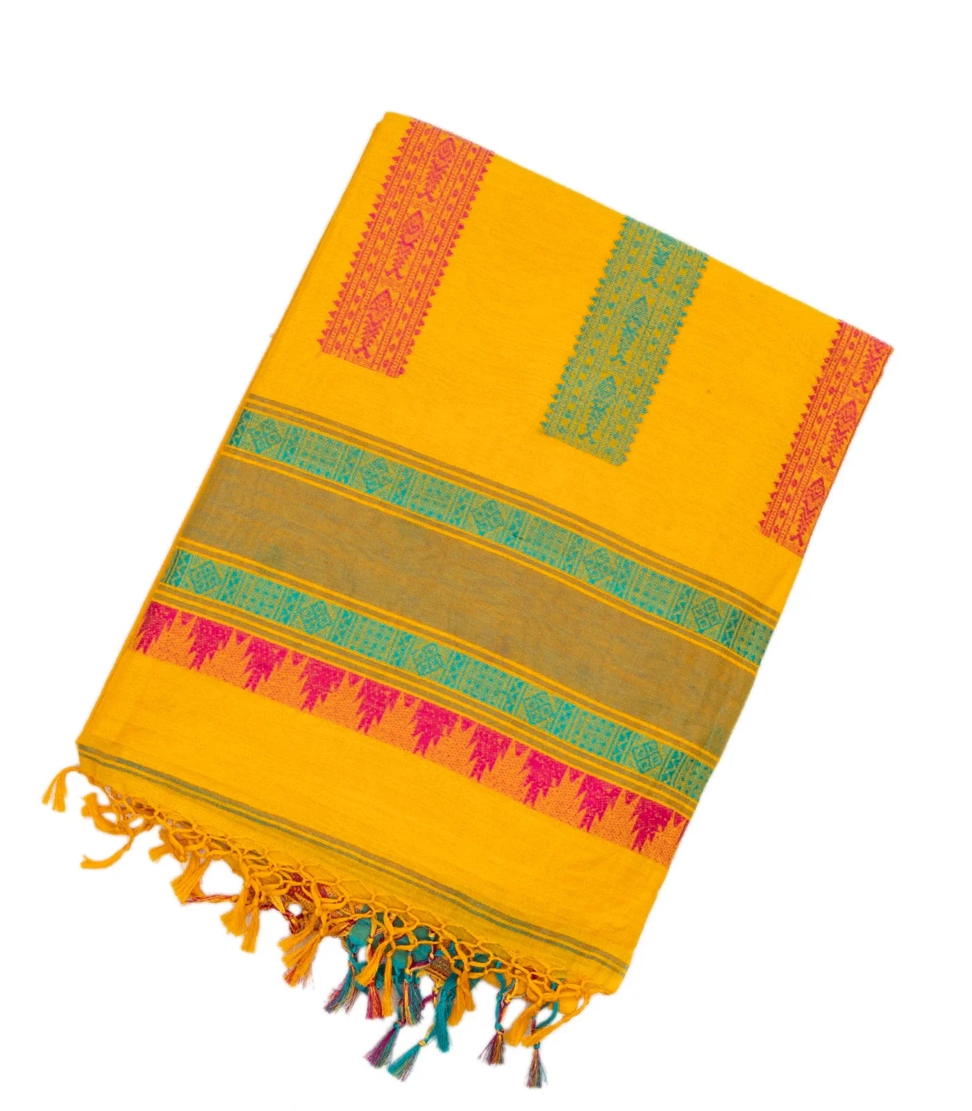RmKV Yellow Handloom Bengal Cotton Saree With Diamond Buttas