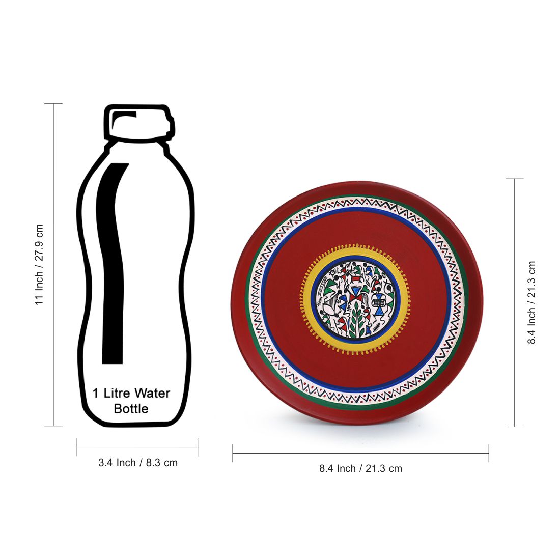 EXCLUSIVELANE 'The Warli Tales' Hand Painted Terracotta Wall Plates Wall Décor (8 inch, Set of 2, Red) - view 7