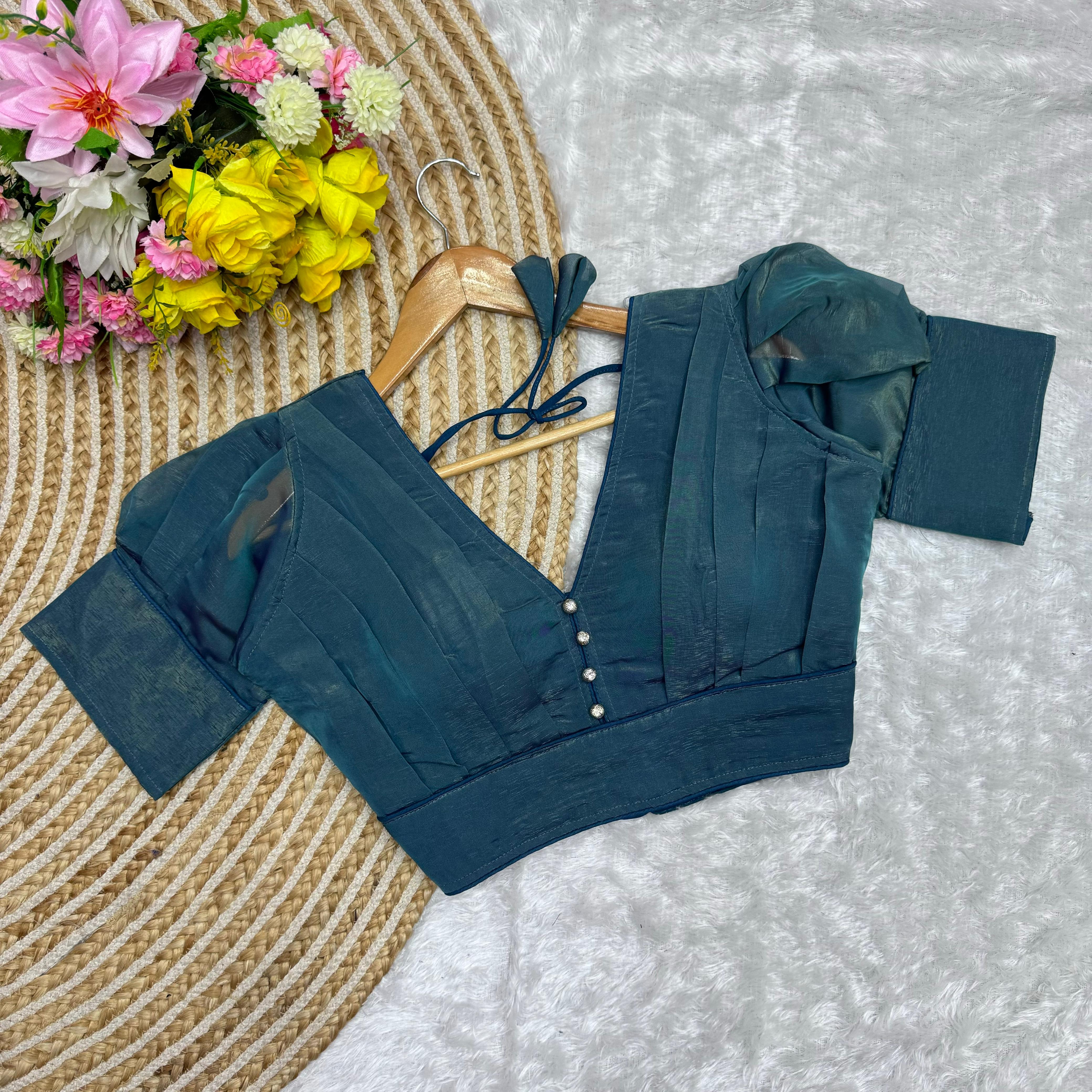 ClothsVilla Teal Blue Color Metallic Jari Blouse with Ruffled Pattern and Balloon Sleeves