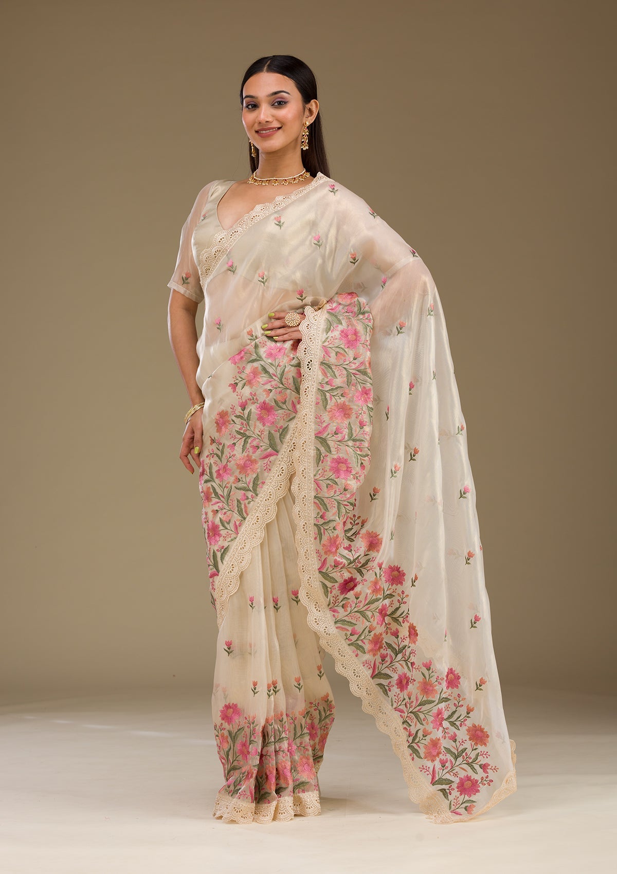 Koskii Cream Threadwork Tissue Saree – Women's - view 7