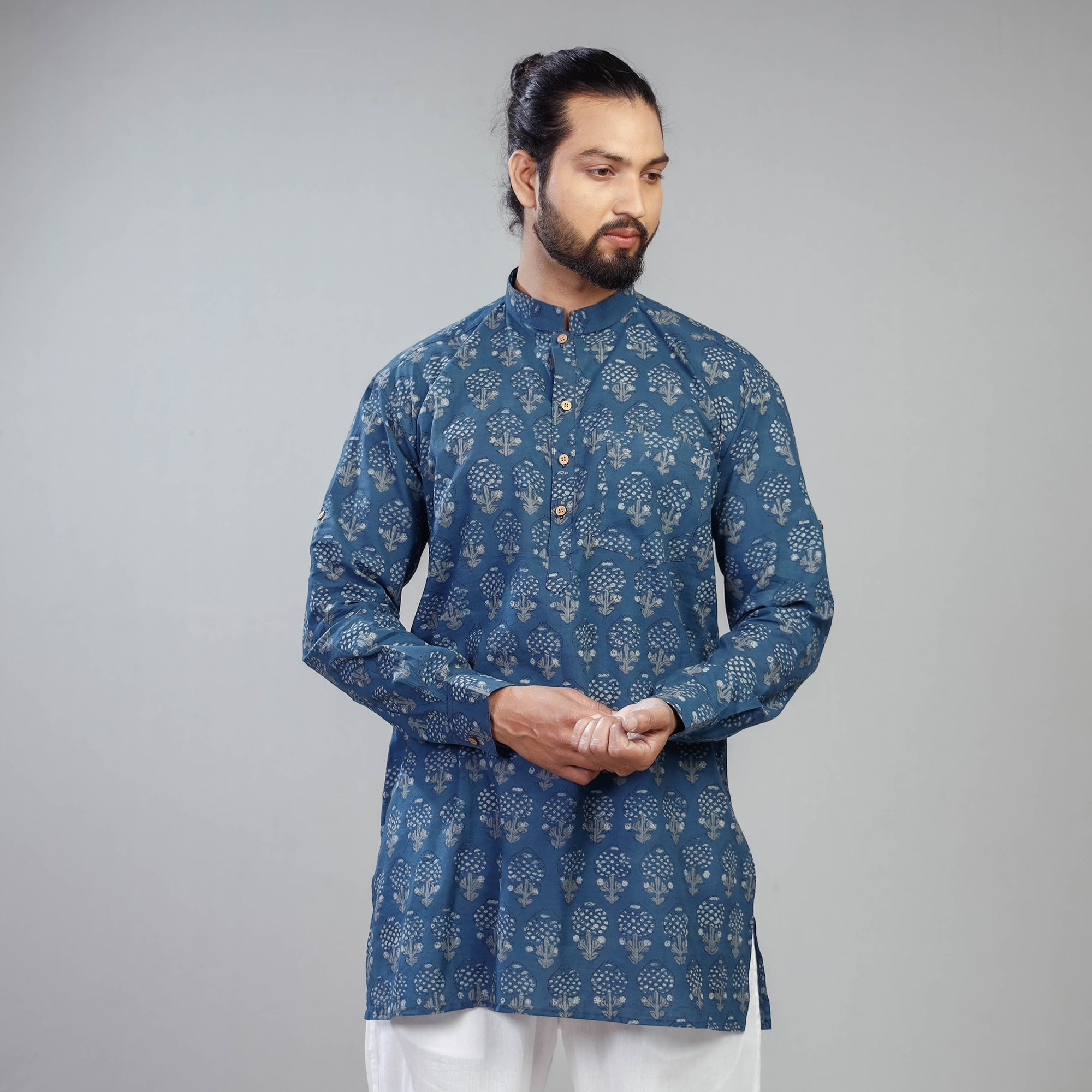 ITOKRI CASUALS Blue - Akola Block Printing Cotton Men Short Kurta