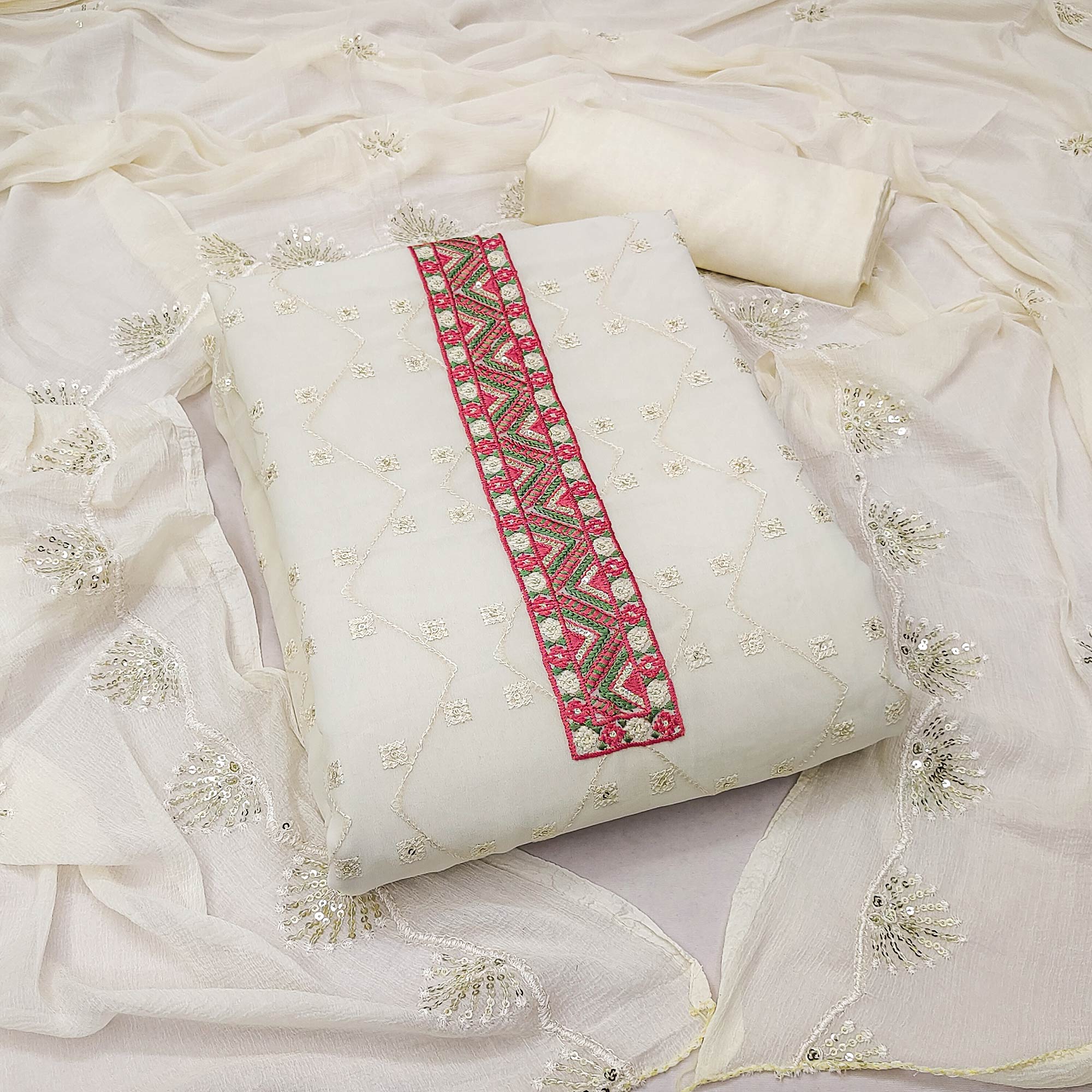 Peachmode Off White Sequins Embroidered Georgette Dress Material